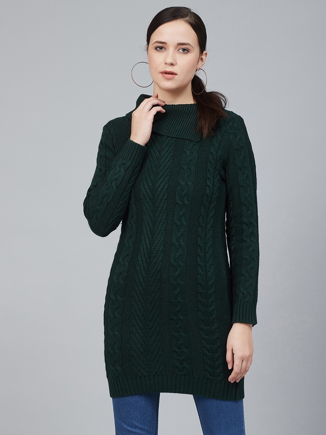 

Cayman Women Olive Green Cable Knit Longline Pullover Sweater