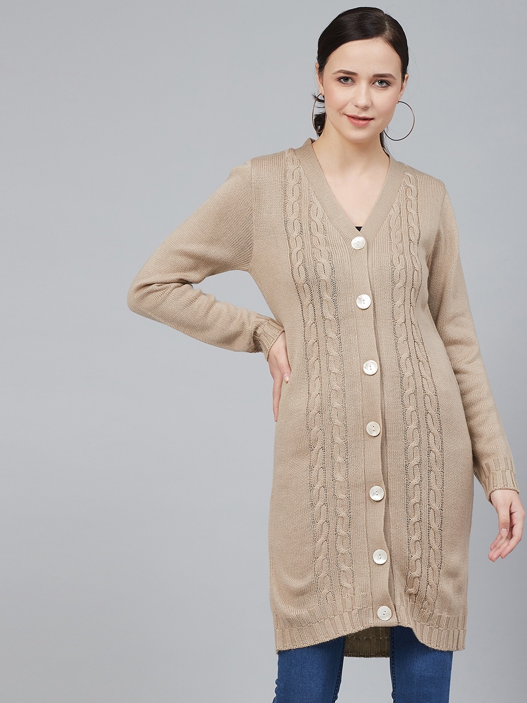 

Cayman Women Beige Self Design Longline Cardigan