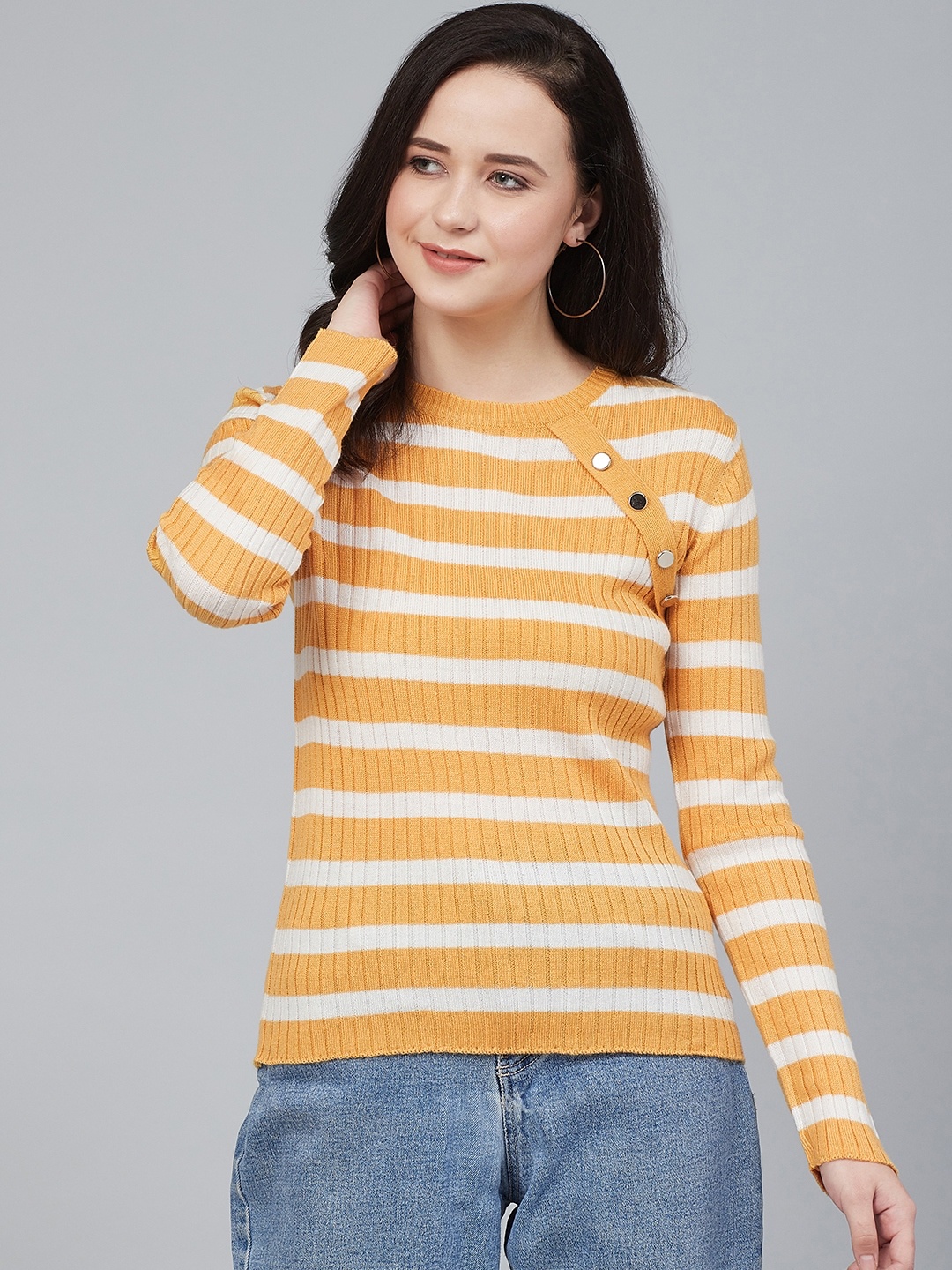 

Cayman Women Mustard Yellow & White Acrylic Striped Pullover