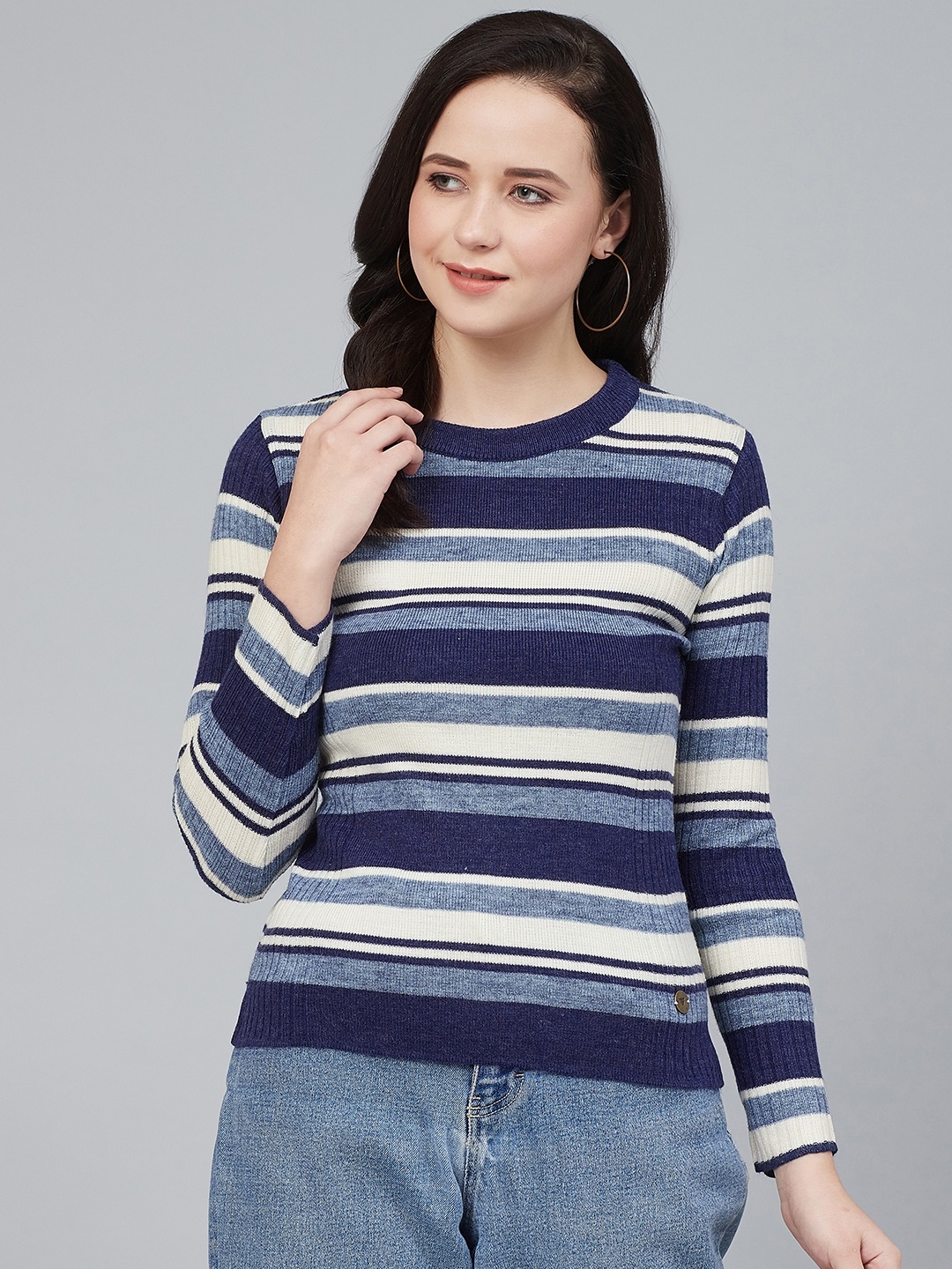 

Cayman Women Blue & White Striped Acrylic Pullover