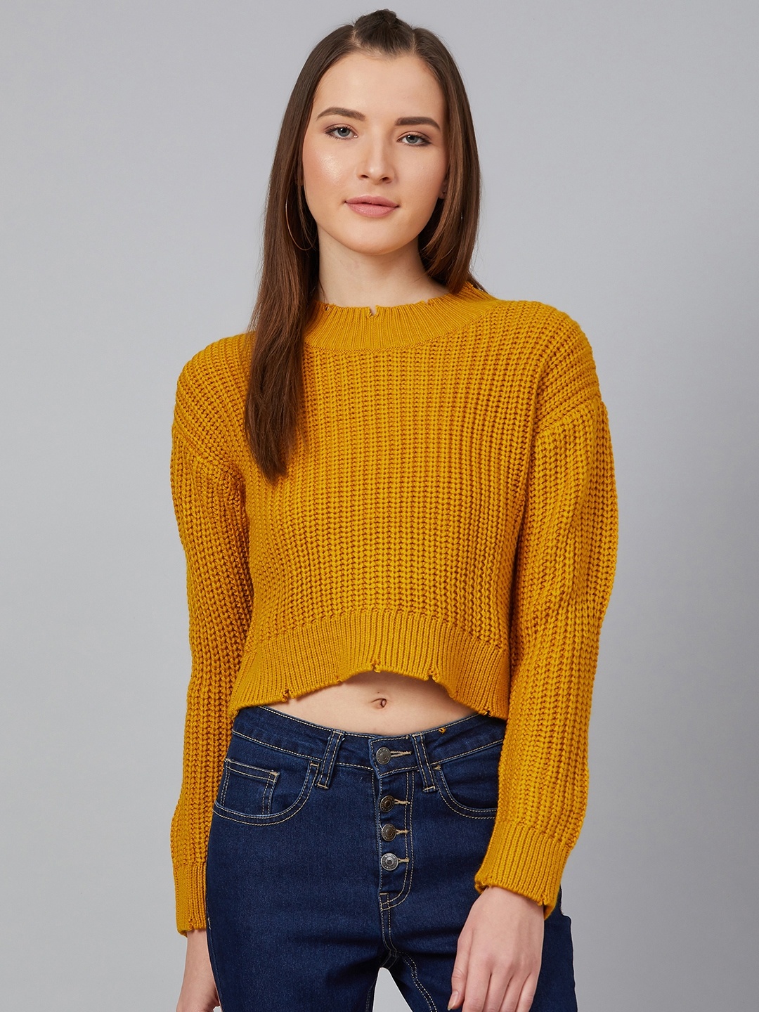 

Cayman Women Mustard Yellow Ribbed Crop Pullover Sweater