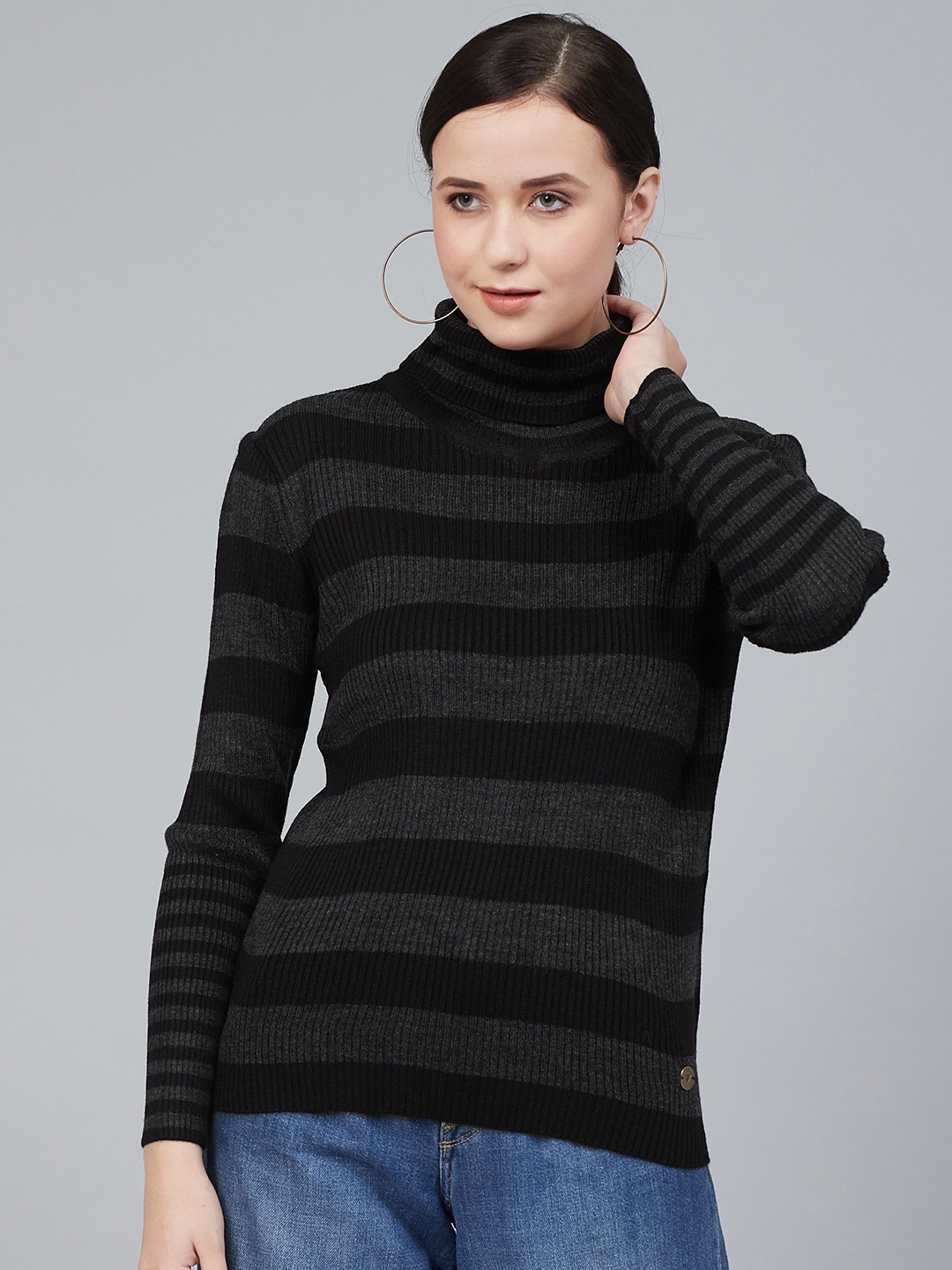 

Cayman Women Charcoal Grey & Black Striped Pullover Sweater