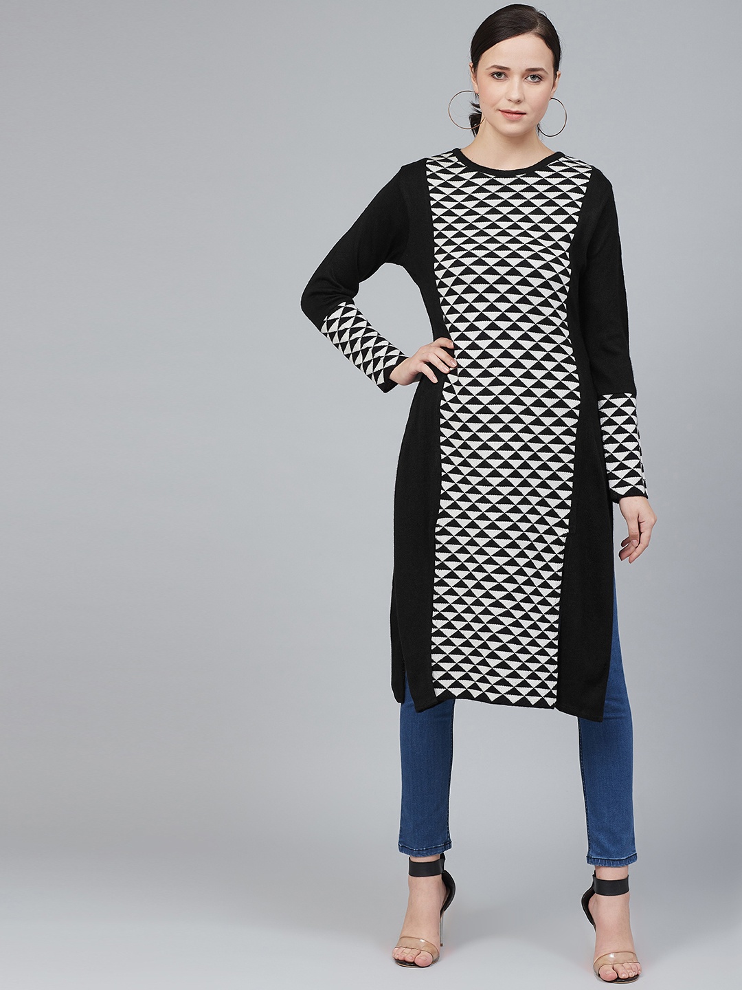 

Cayman Women Off-White & Black Woven Design Straight Winter Kurta