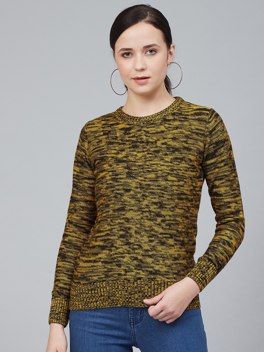 

Cayman Women Mustard Yellow & Black Self Design Acrylic Pullover