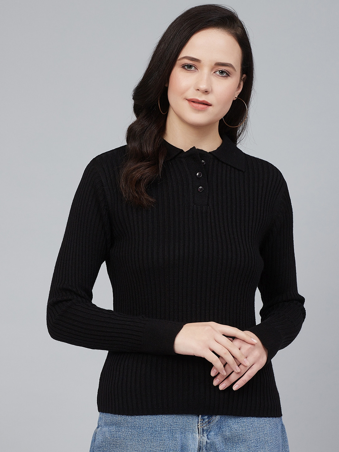 

Cayman Women Black Ribbed Pullover Acrylic Sweater