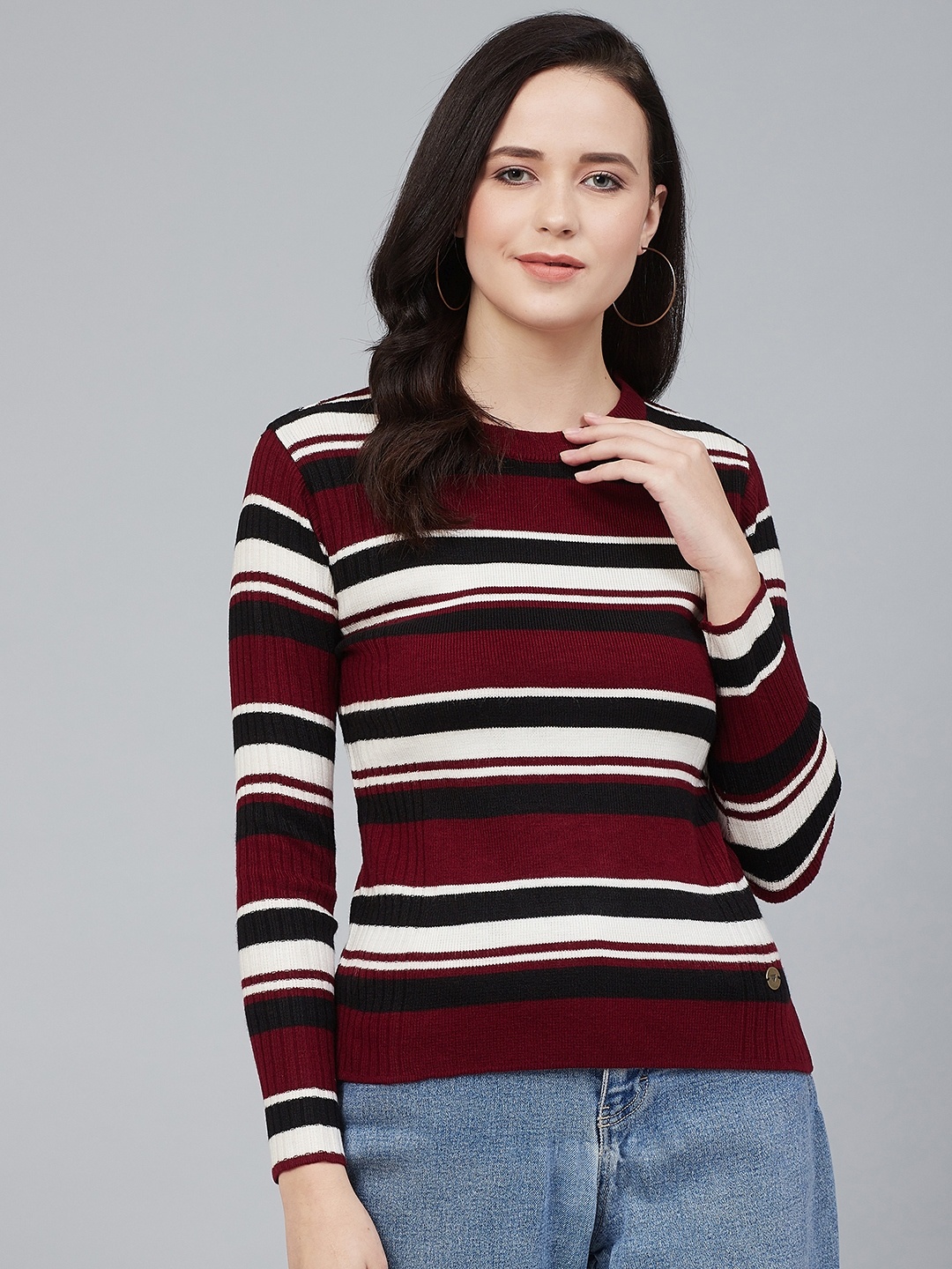 

Cayman Women Maroon & Off White Striped Pullover Acrylic Sweater