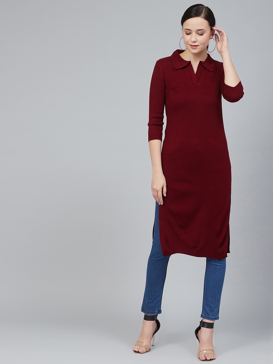

Cayman Women Maroon Ribbed Straight Winter Kurta