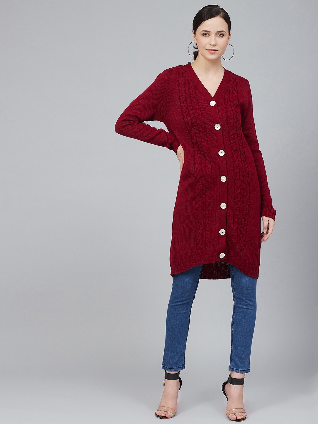 

Cayman Women Maroon Self Design Longline Cardigan
