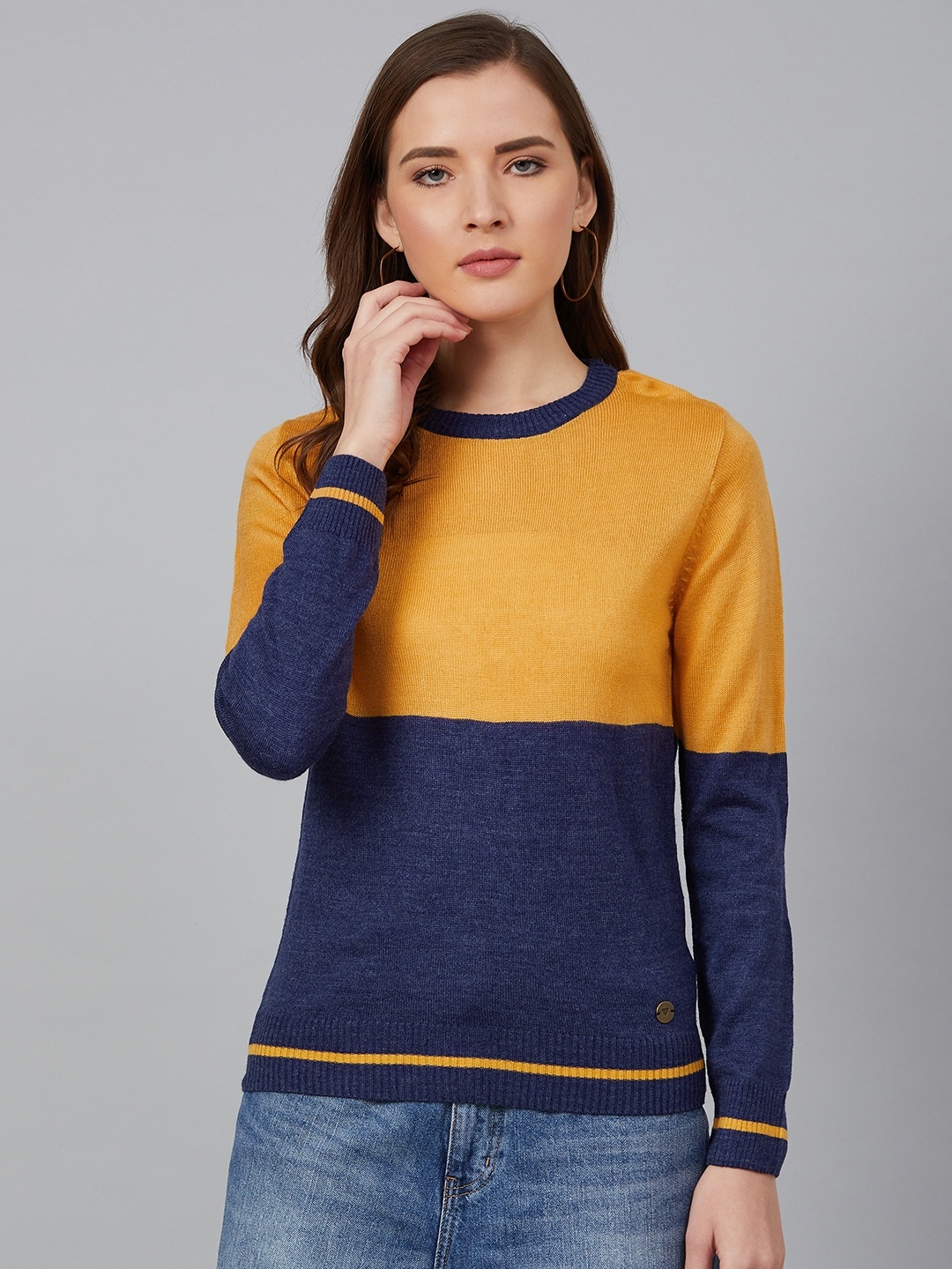 

Cayman Women Navy Blue & Mustard Yellow Colourblocked Acrylic Pullover