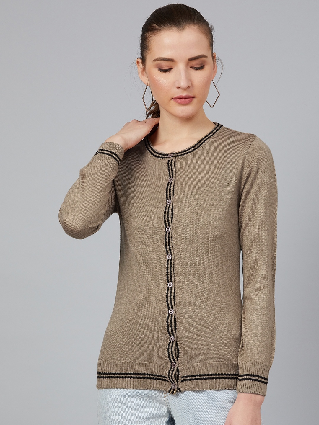 

Cayman Women Beige Solid Cardigan Sweater With Contrast Stripe Detail