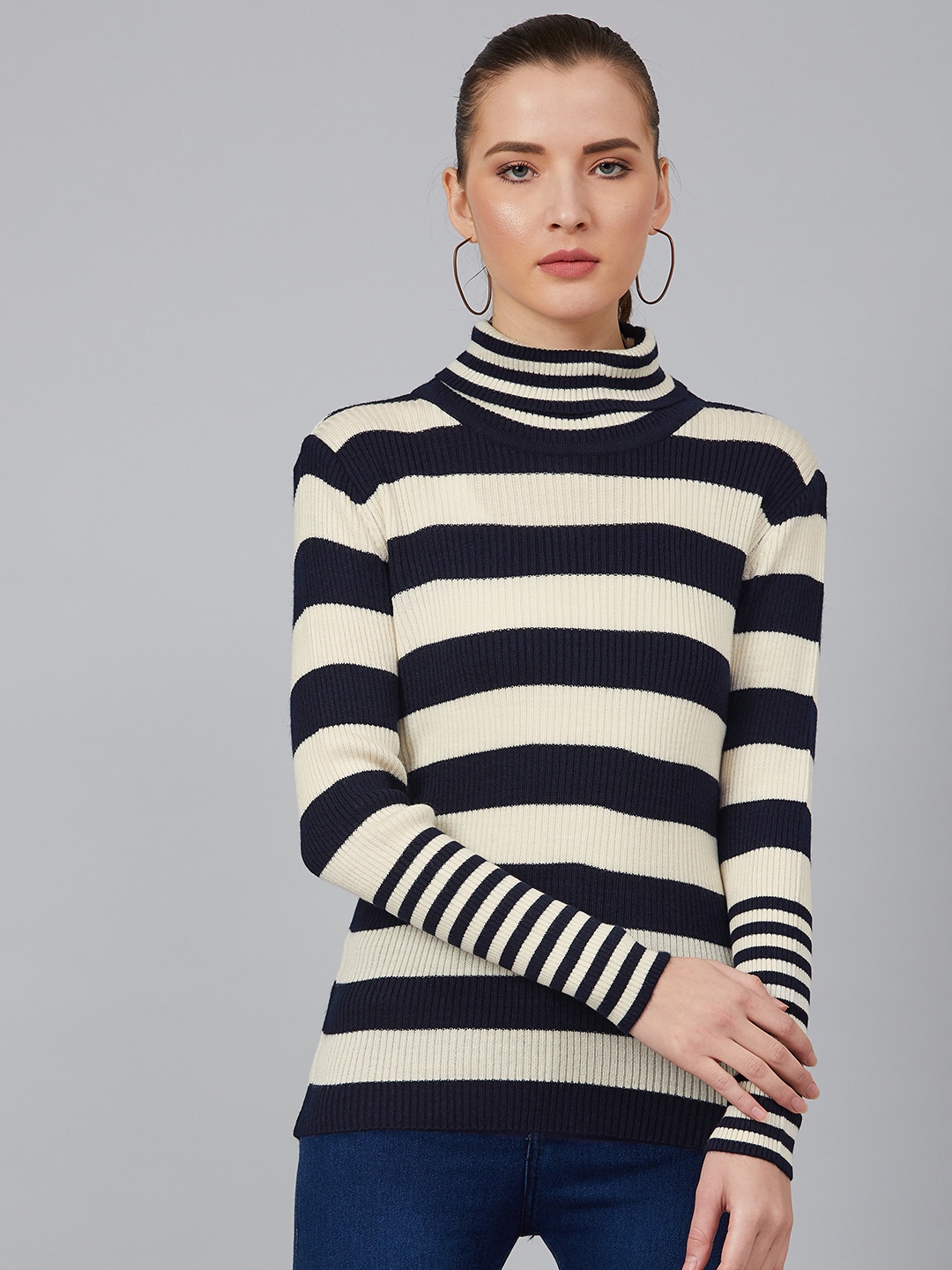 

Cayman Women Navy Blue & Off-White Striped Acrylic Pullover