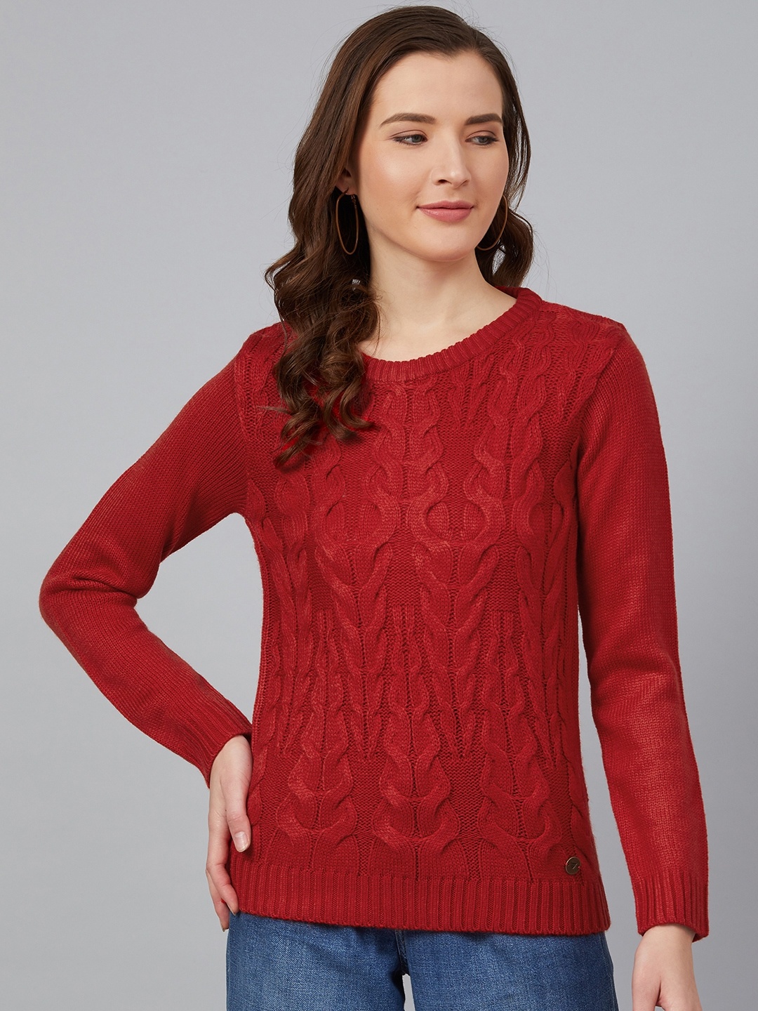 

Cayman Women Rust Red Cable Knit Pullover Sweater
