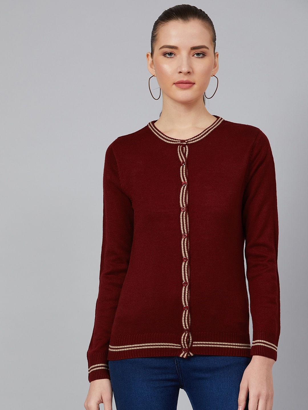 

Cayman Women Maroon Solid Cardigan Acrylic Sweater With Contrast Stripe Detail