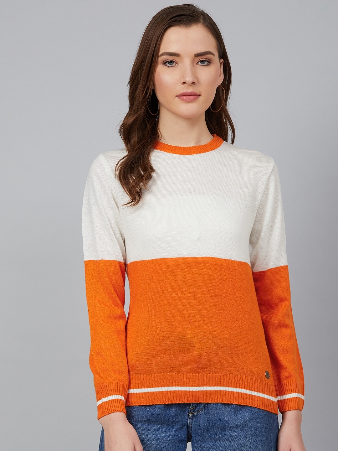 

Cayman Women Orange & Off-White Colourblocked Pullover Acrylic Sweater
