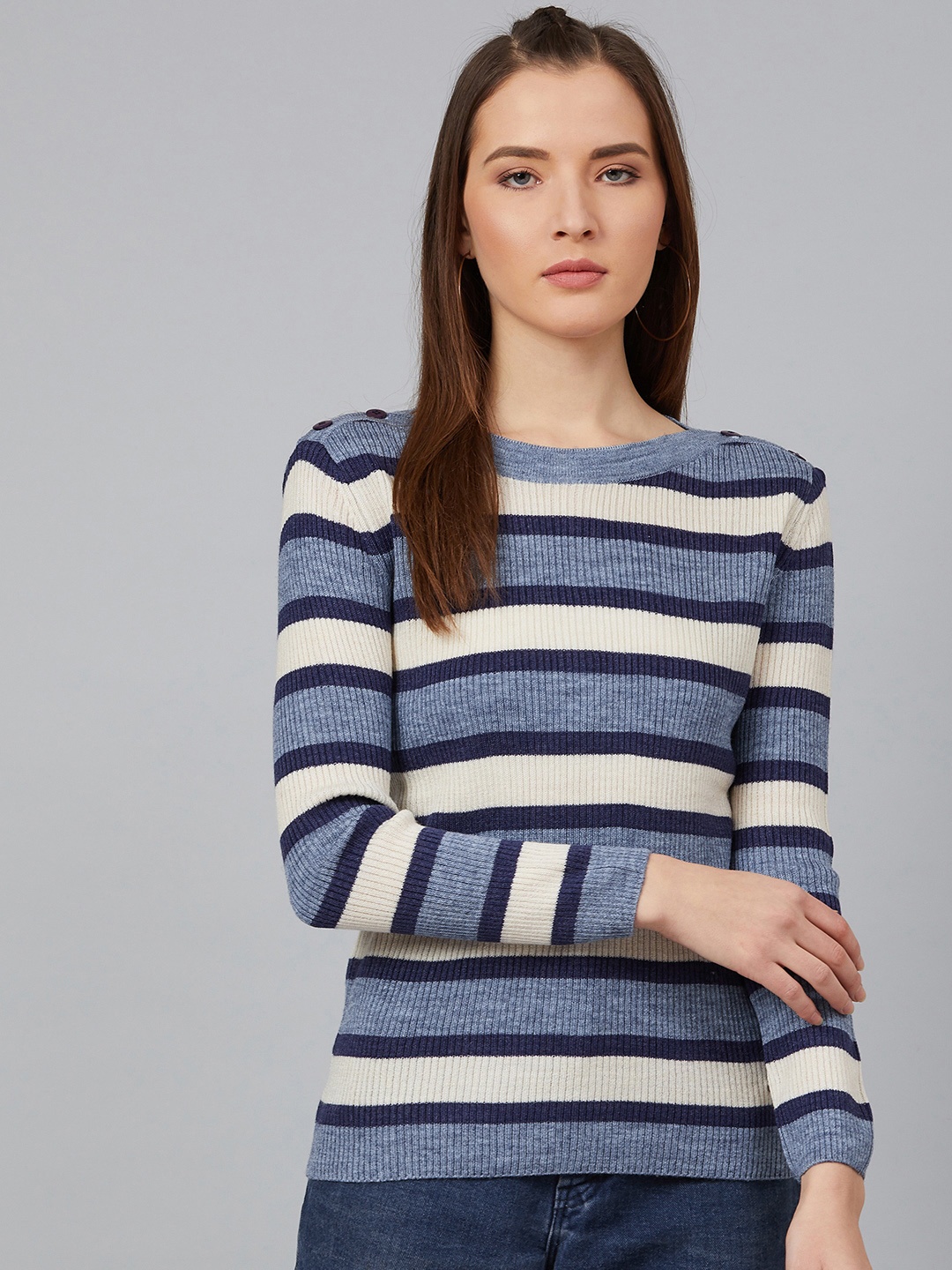 

Cayman Women Blue & White Striped Acrylic Pullover