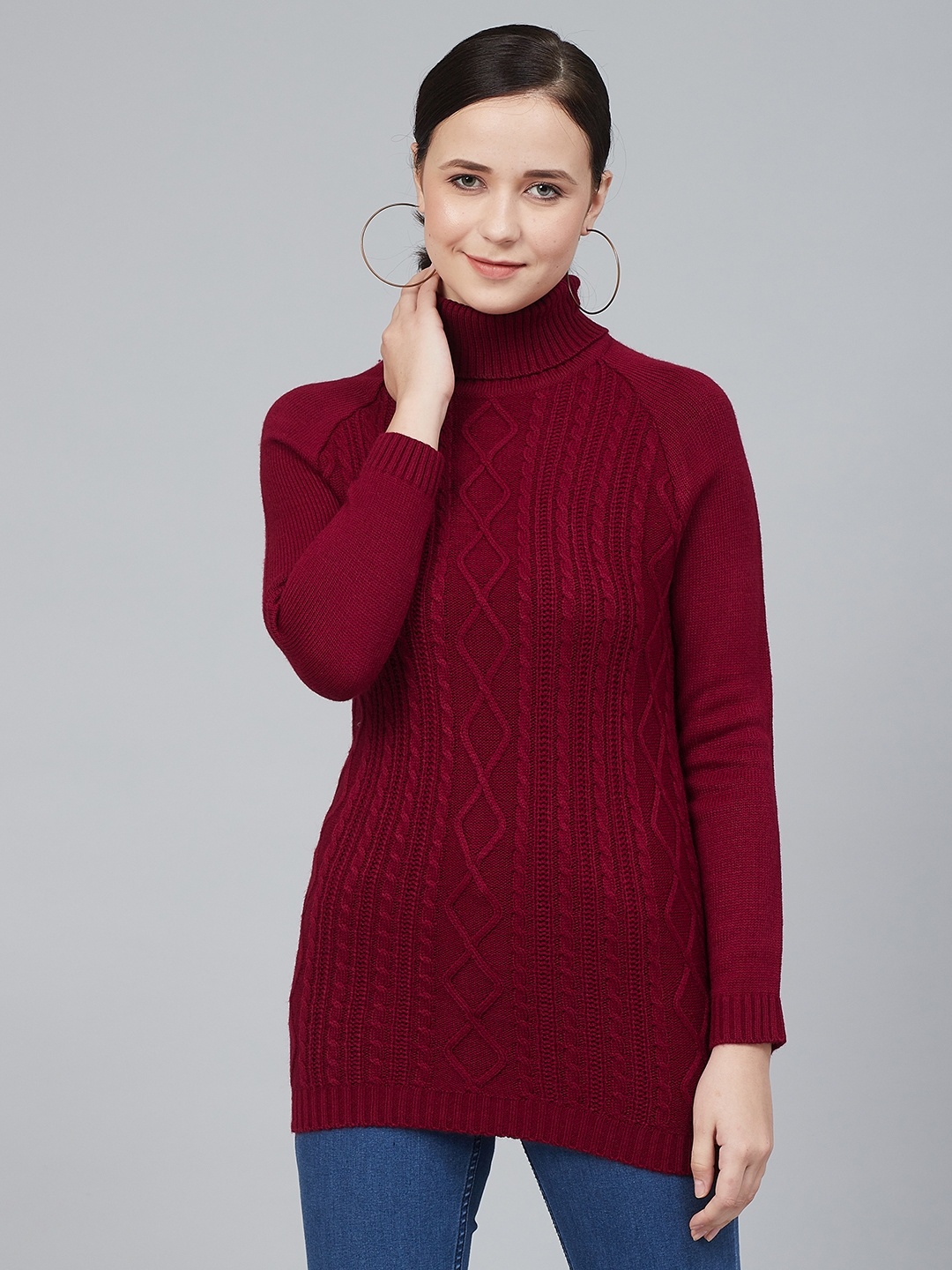 

Cayman Women Maroon Self Design Longline Pullover Acrylic Sweater