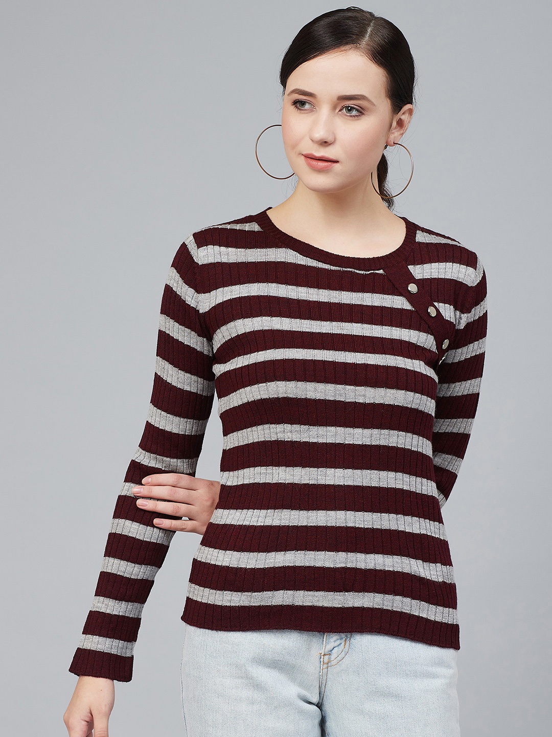 

Cayman Women Burgundy & Grey Melange Striped Pullover Acrylic Sweater