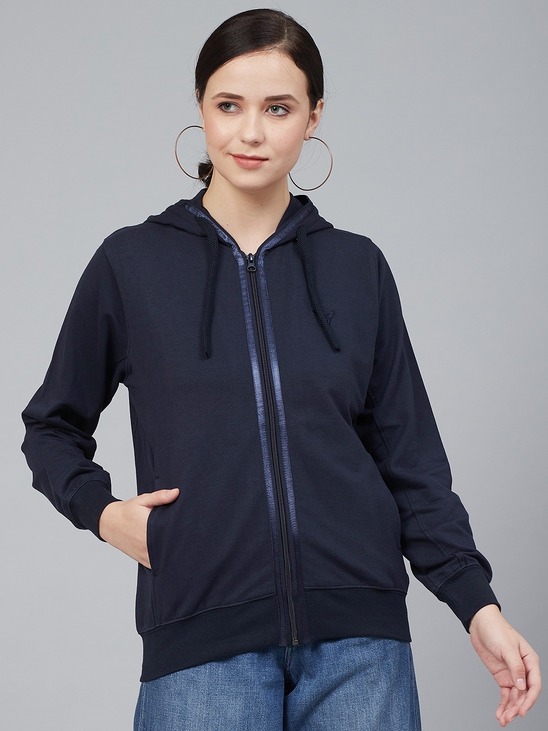 

Cayman Women Navy Blue Solid Hooded Sweatshirt