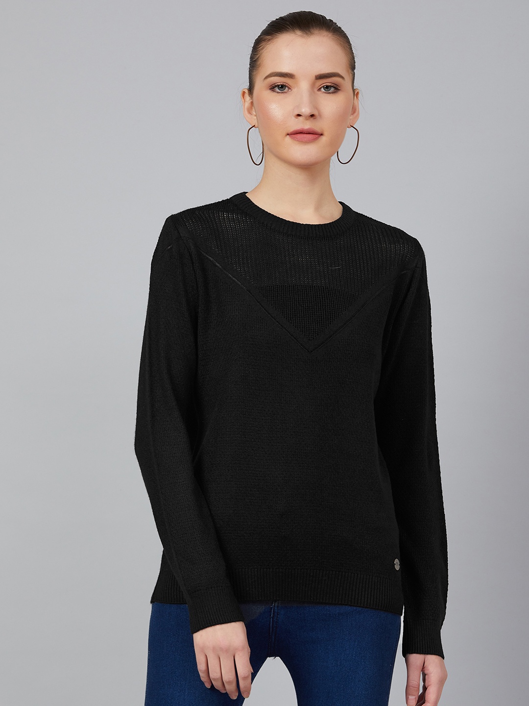 

Cayman Women Black Solid Acrylic Sweater With Self Design Detail