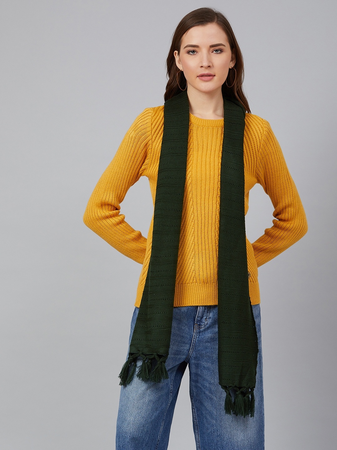 

Cayman Women Olive Green Self Striped Acrylic Stole