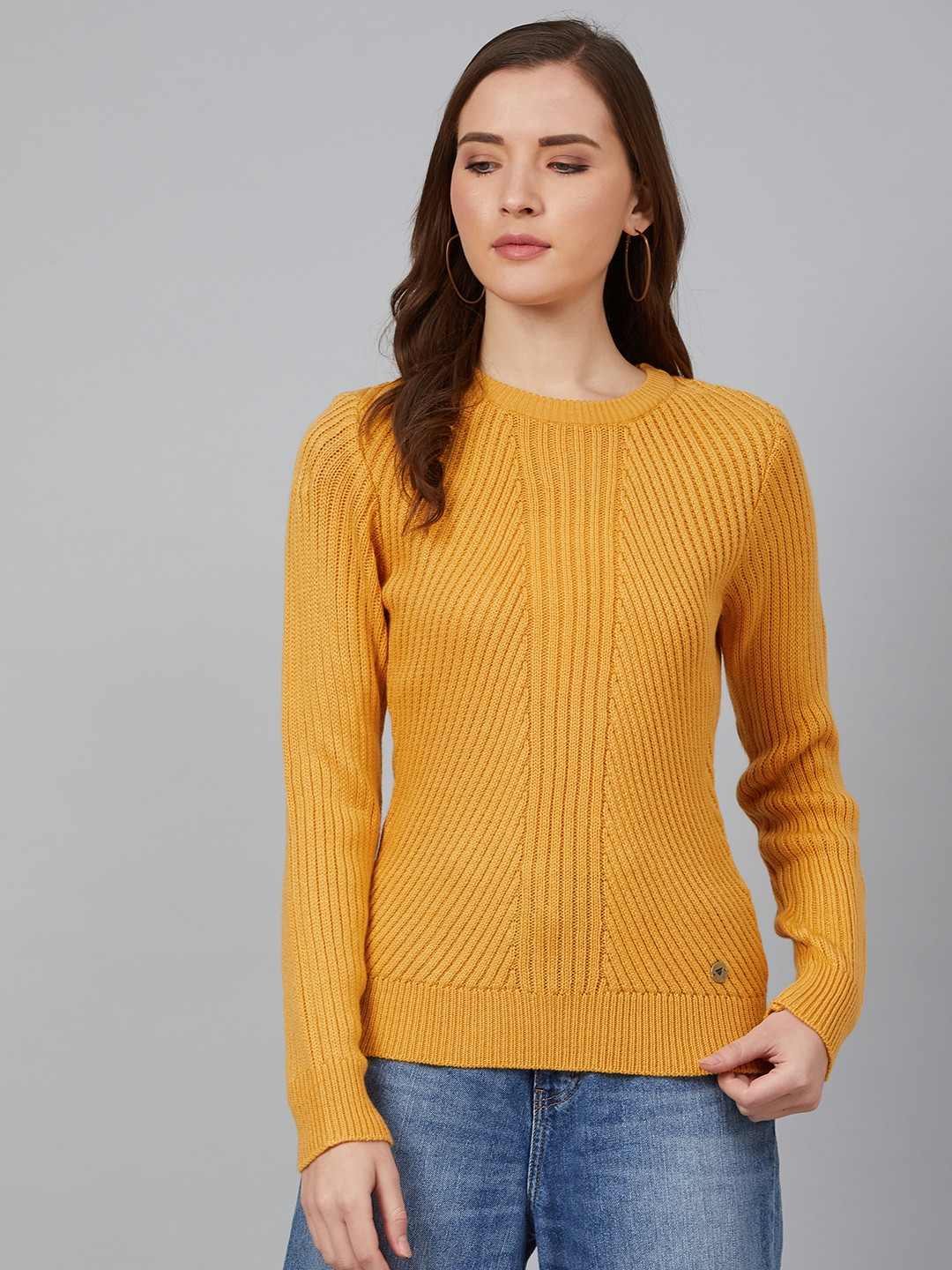 

Cayman Women Mustard Yellow Self Striped Sweater