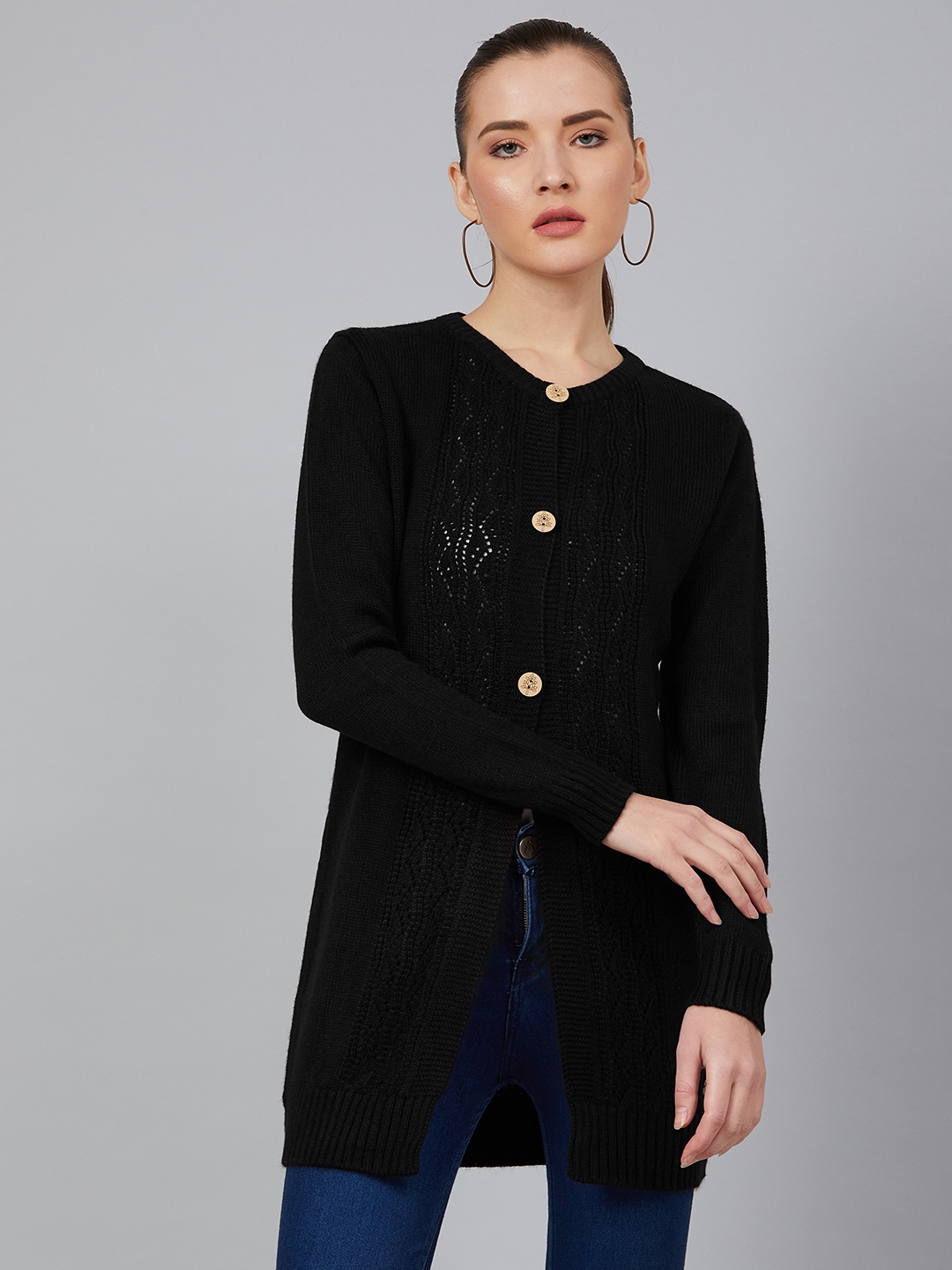 

Cayman Women Black Self Design Longline Cardigan