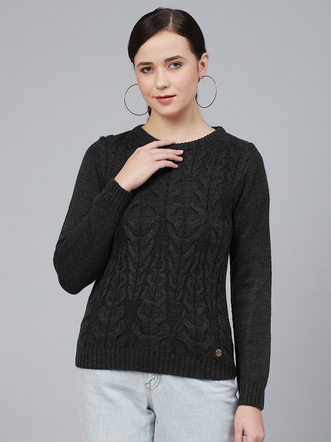 

Cayman Women Charcoal Grey Self Design Pullover Sweater