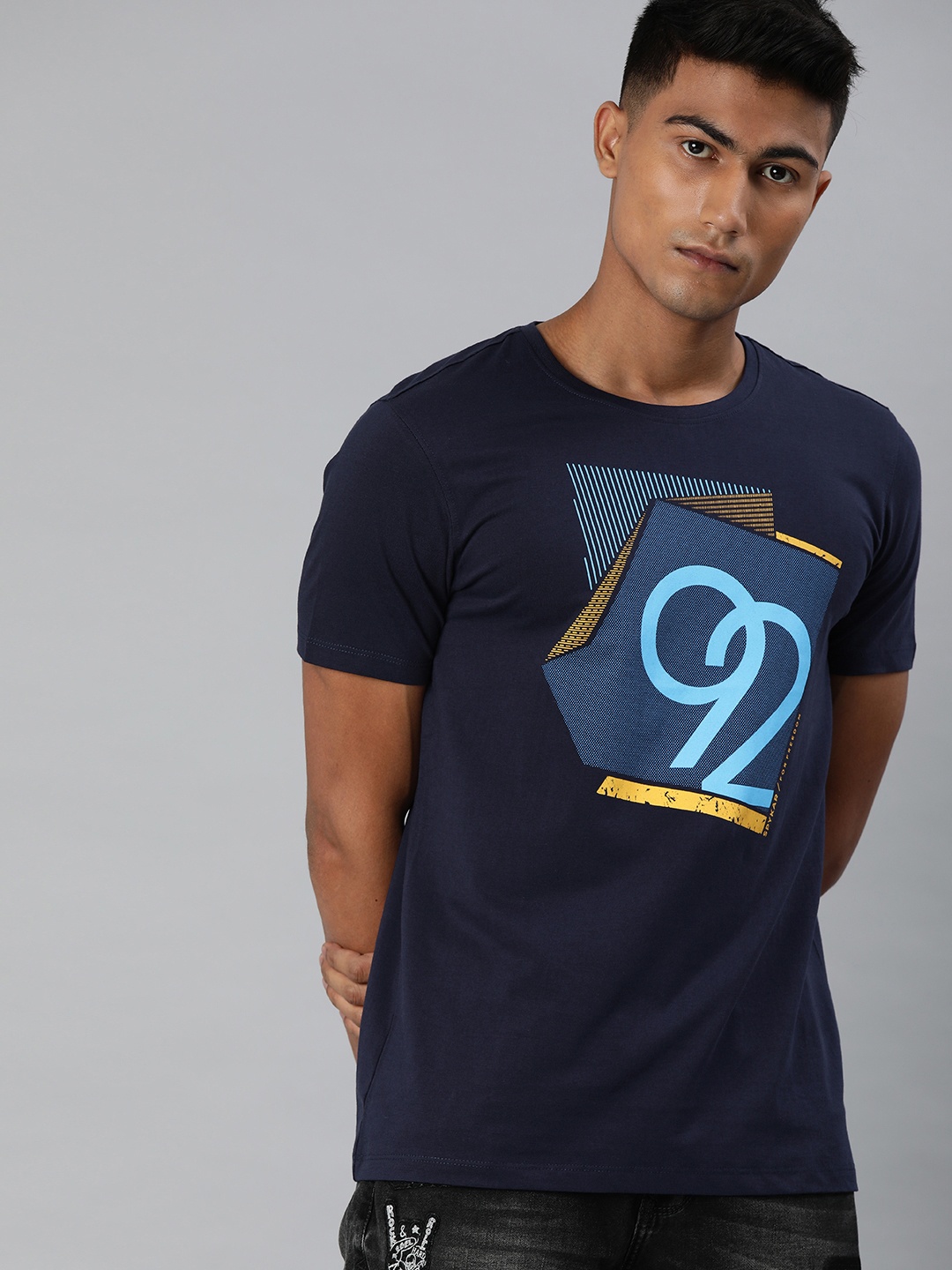 

SPYKAR Men Blue Printed Round Neck Pure Cotton T-shirt