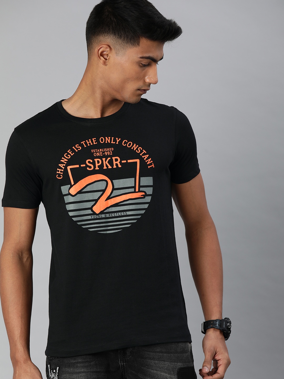 

SPYKAR Men Black Printed Round Neck Pure Cotton T-shirt