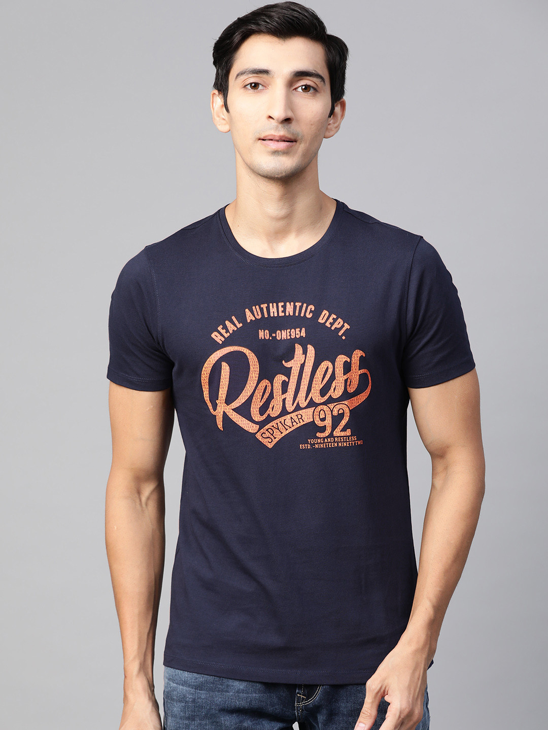 

SPYKAR Men Navy Blue & Orange Typography Print Round Neck T-shirt