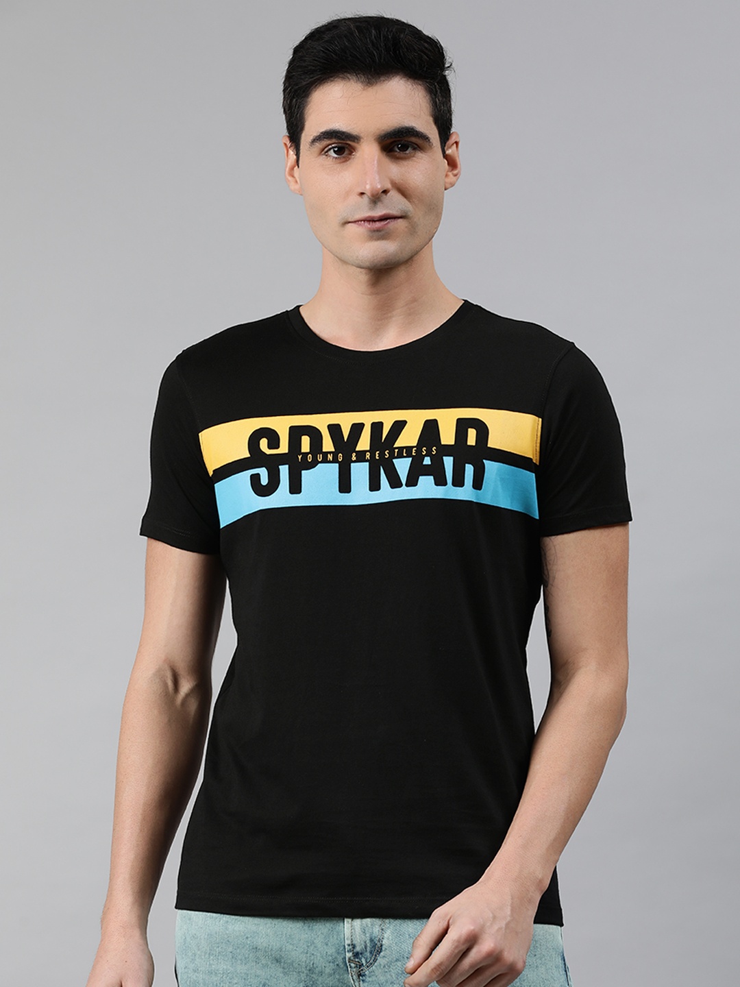 

SPYKAR Men Black Slim Fit Brand Logo Printed Round Neck Pure Cotton T-shirt