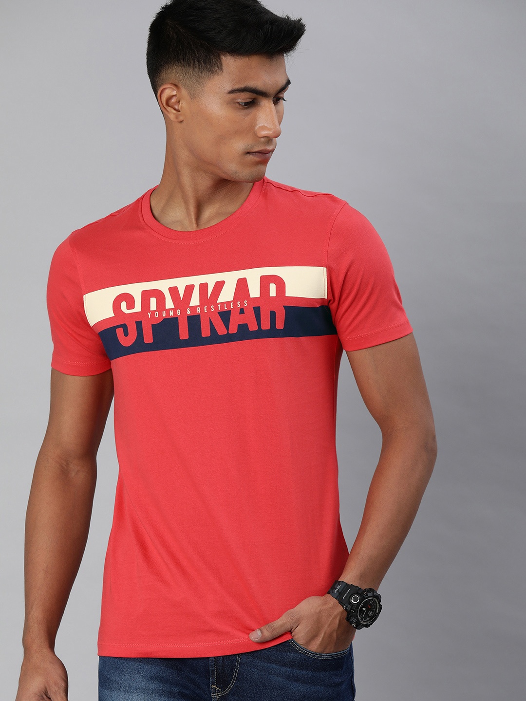 

SPYKAR Men Coral Pink Printed Round Neck Pure Cotton T-shirt