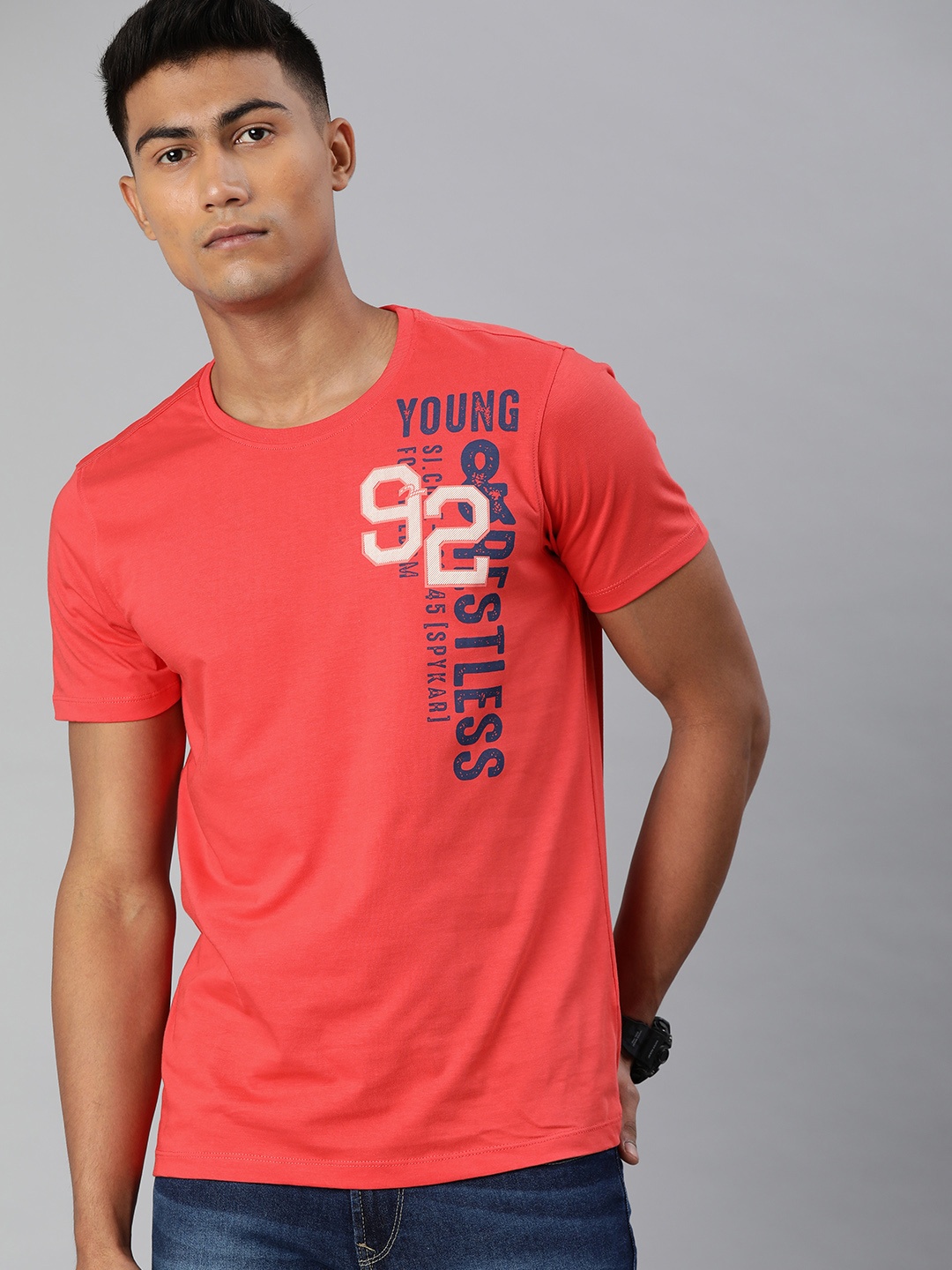SPYKAR Men Coral Pink Printed Round Neck Pure Cotton T-shirt