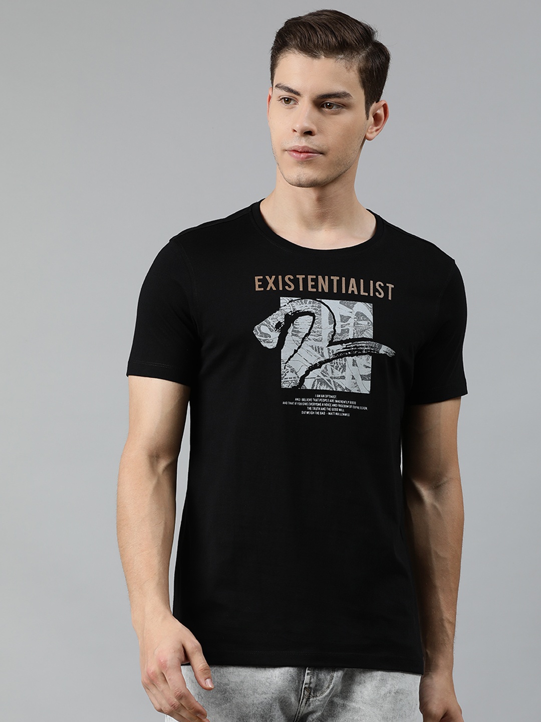 

SPYKAR Men Black Printed Slim Fit Round Neck Pure Cotton T-shirt