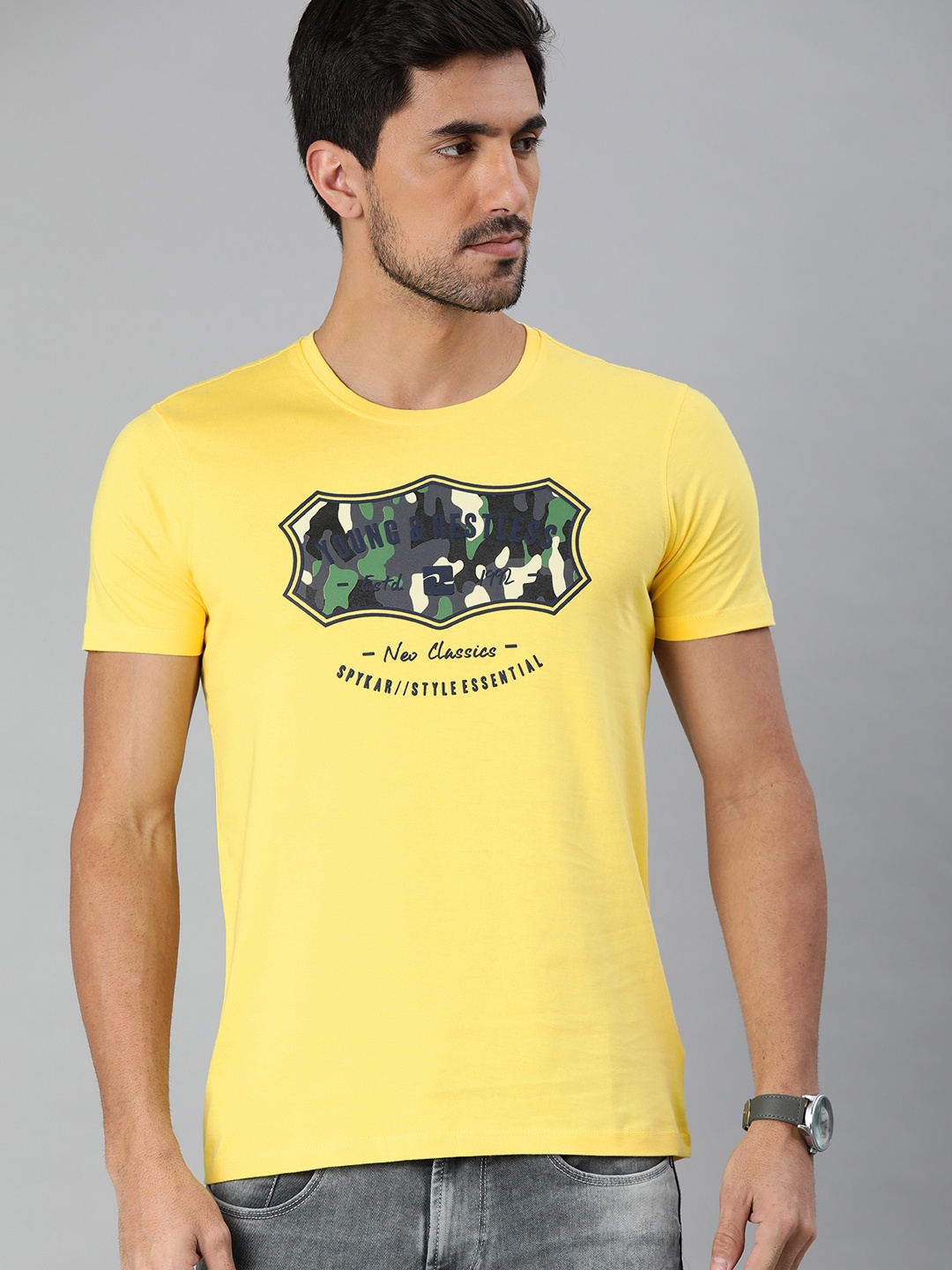 

SPYKAR Men Yellow Camouflage Printed Round Neck T-shirt