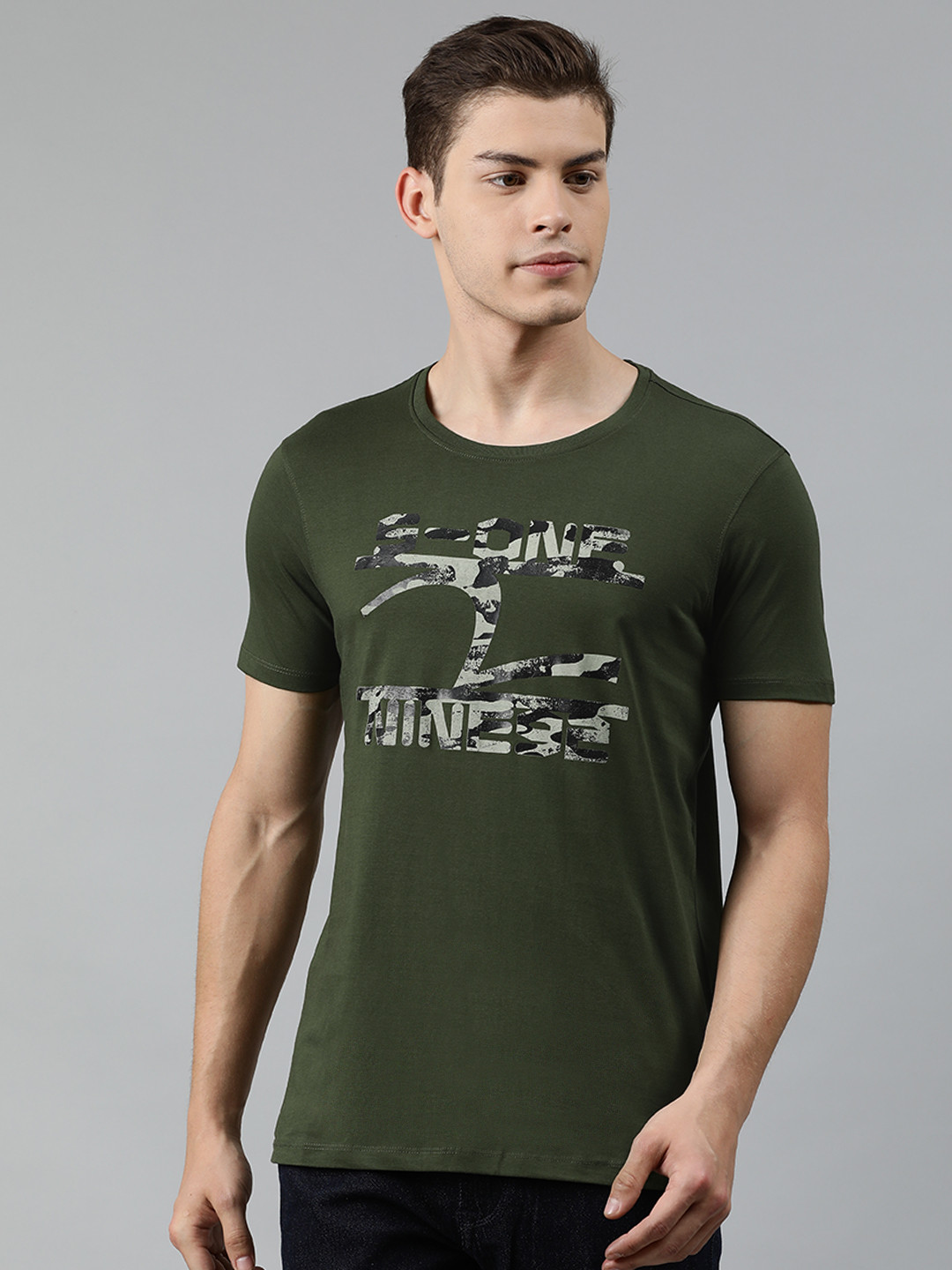 

SPYKAR Men Olive Green Printed Slim Fit Round Neck Pure Cotton T-shirt