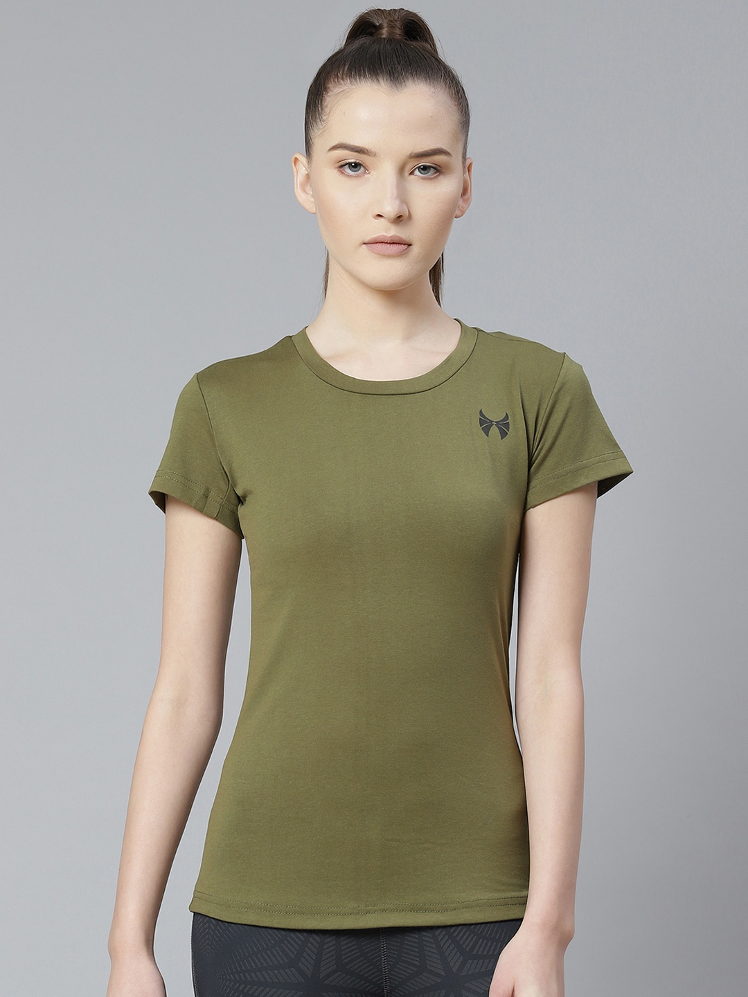 

skyria Women Olive Green Solid Round Neck T-shirt