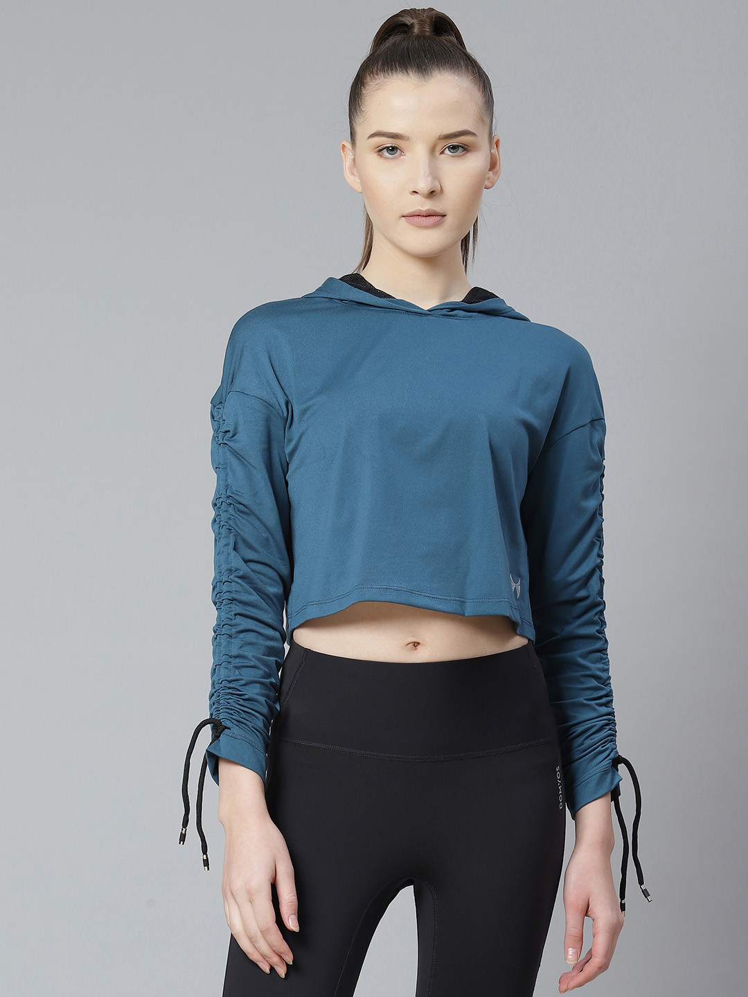 

skyria Women Teal Blue Hooded Solid Crop Sweatshirt