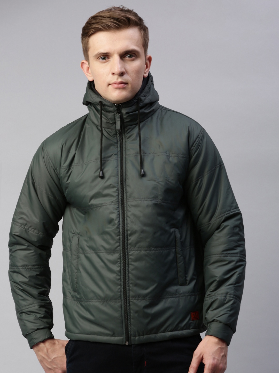 

UNSULLY Men Olive Green Solid Hooded Windcheater Puffer Jacket