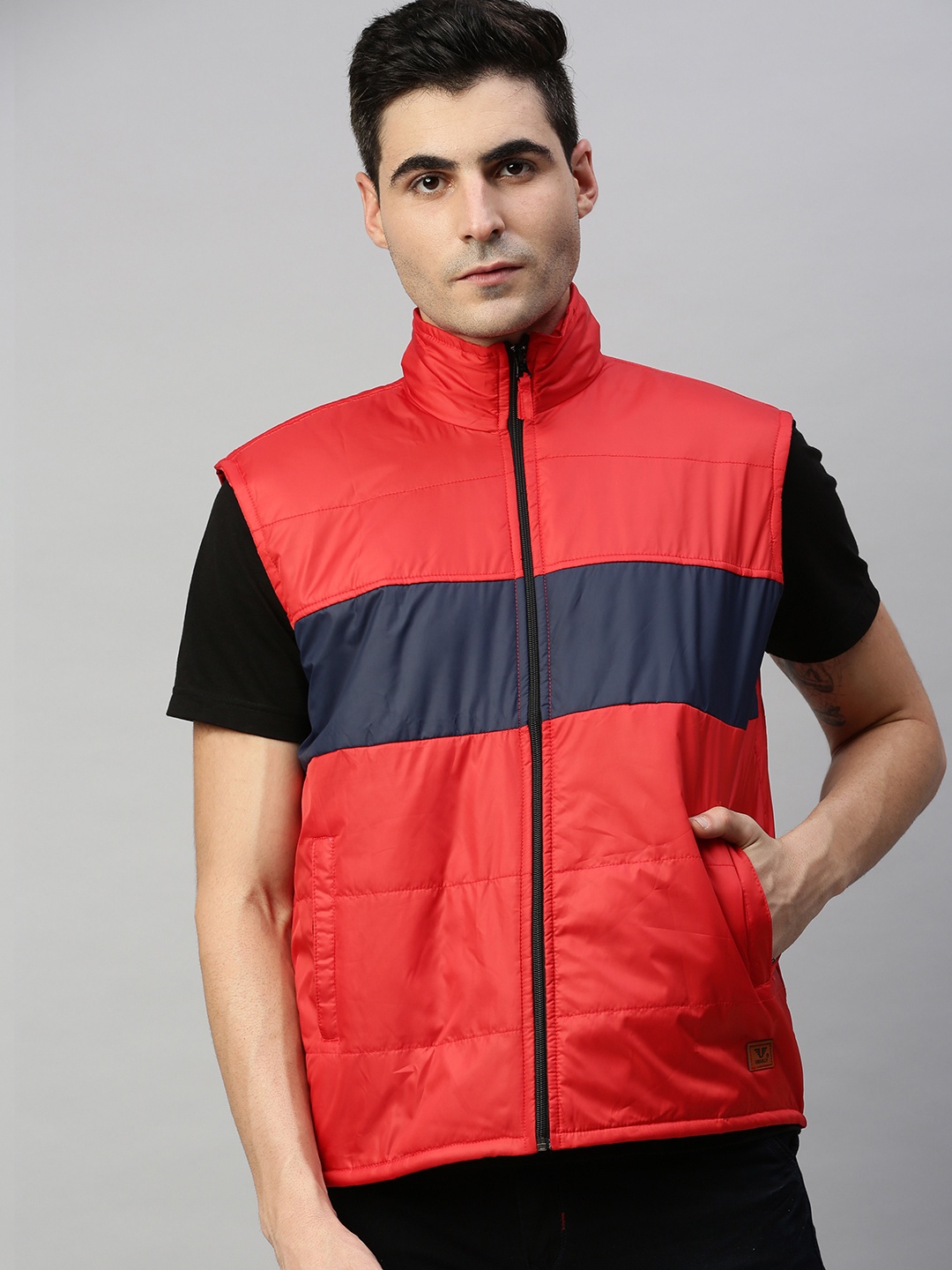

UNSULLY Men Red & Navy Blue Colourblocked Windcheater Padded Jacket