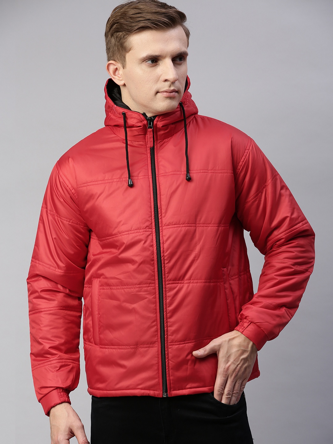 

UNSULLY Men Red Solid Hooded Windcheater Puffer Jacket