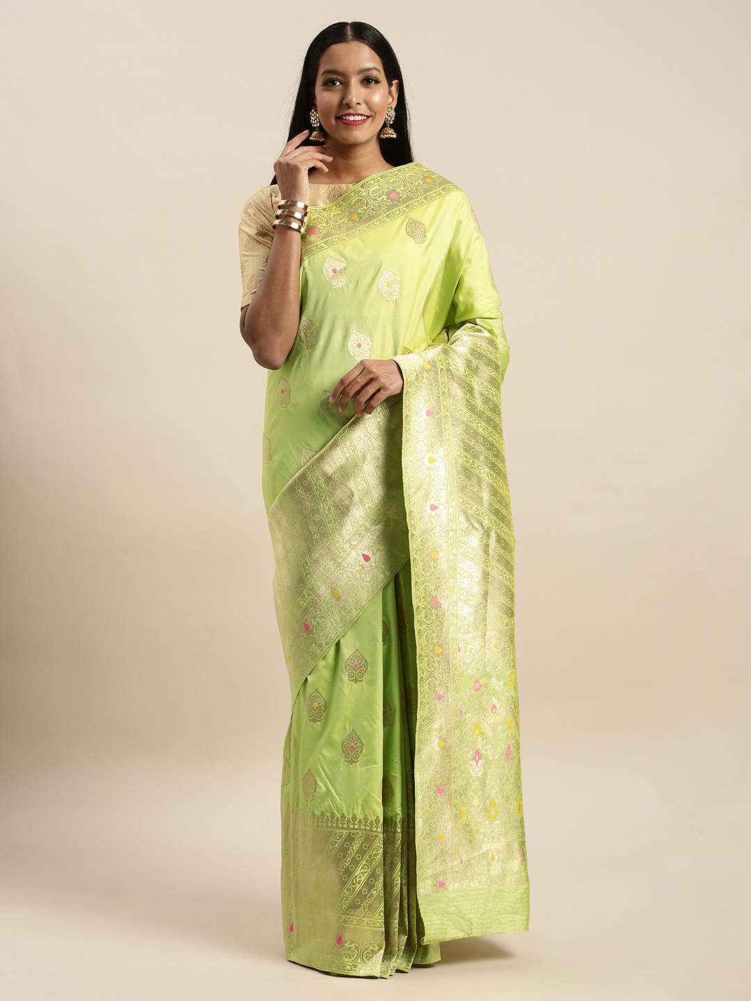 

SANGAM PRINTS Green & Gold-Toned Pure Silk Woven Design Saree