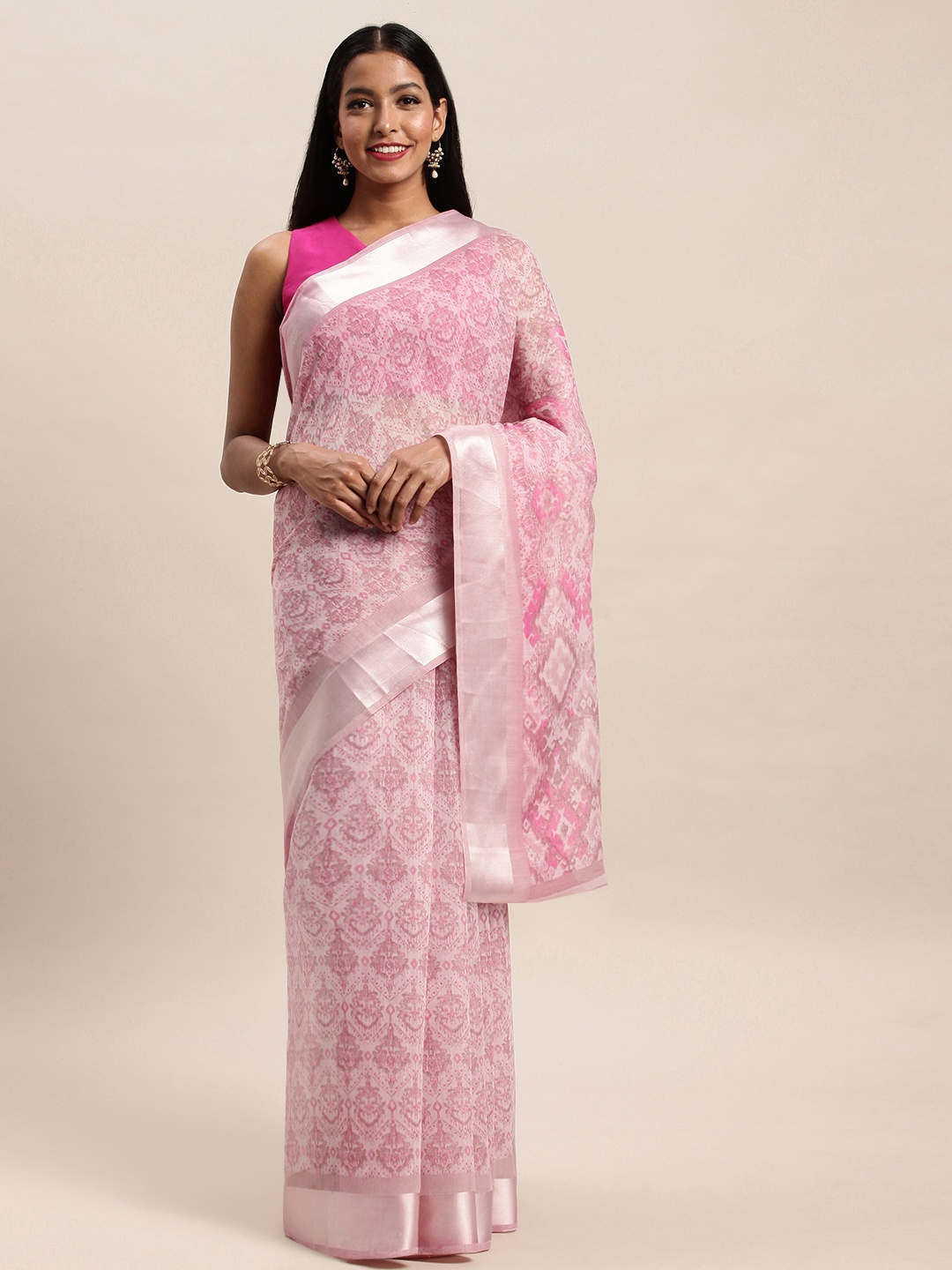 

SANGAM PRINTS Pink Printed Polycotton Saree