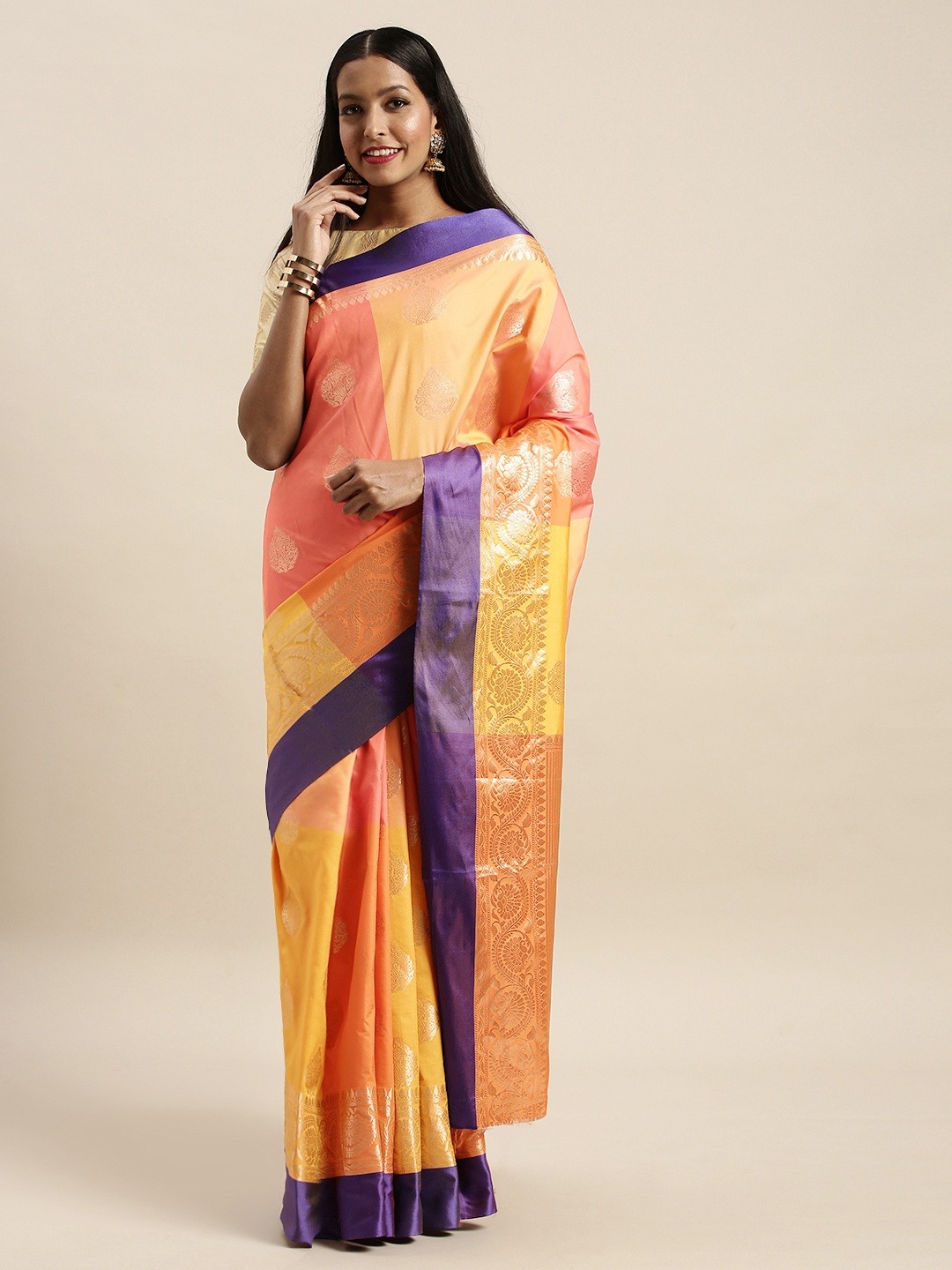 

SANGAM PRINTS Mustard Yellow & Orange Pure Silk Woven Design Handloom Saree