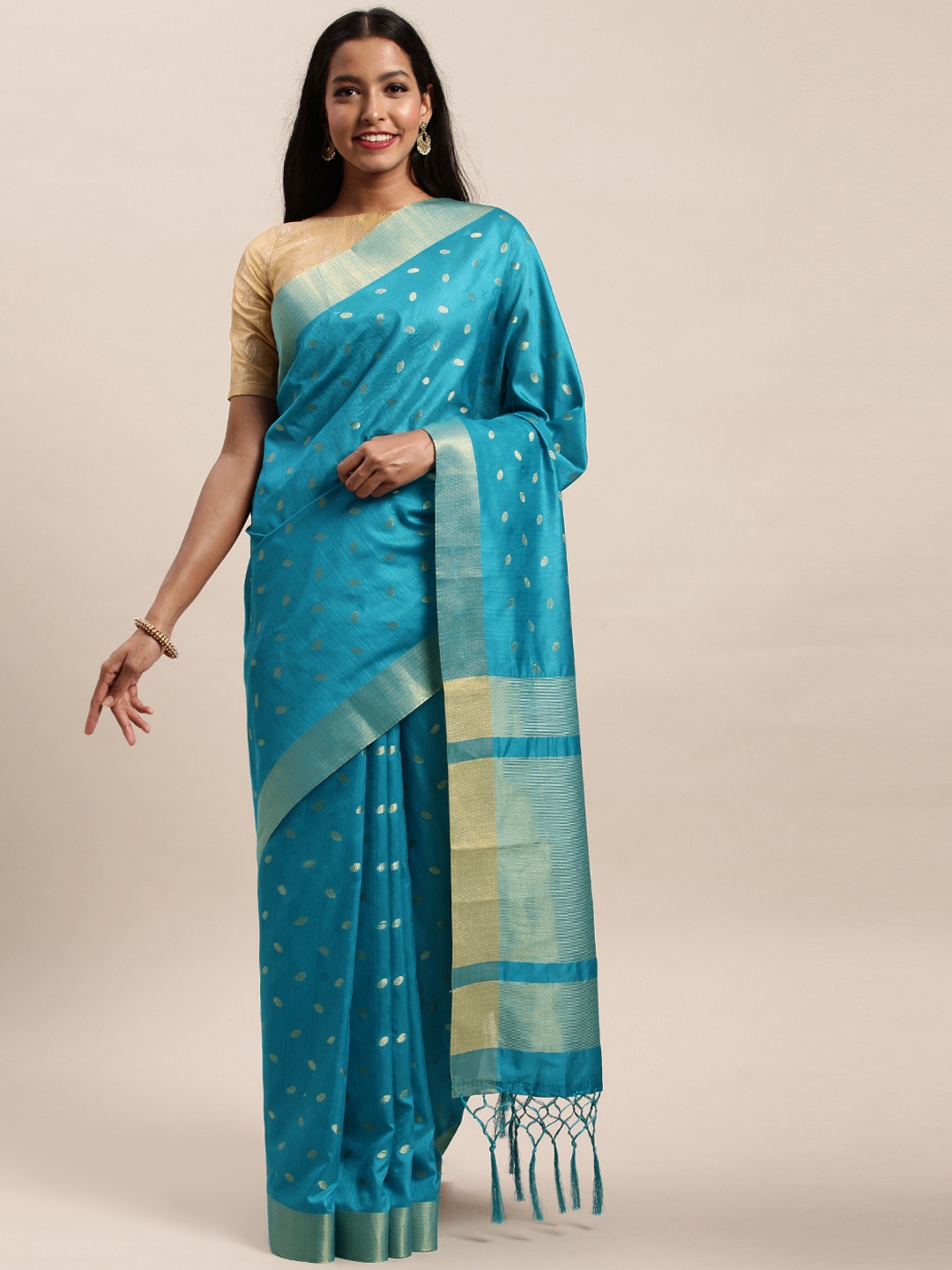 

SANGAM PRINTS Turquoise Blue & Gold-Toned Pure Silk Woven Design Saree