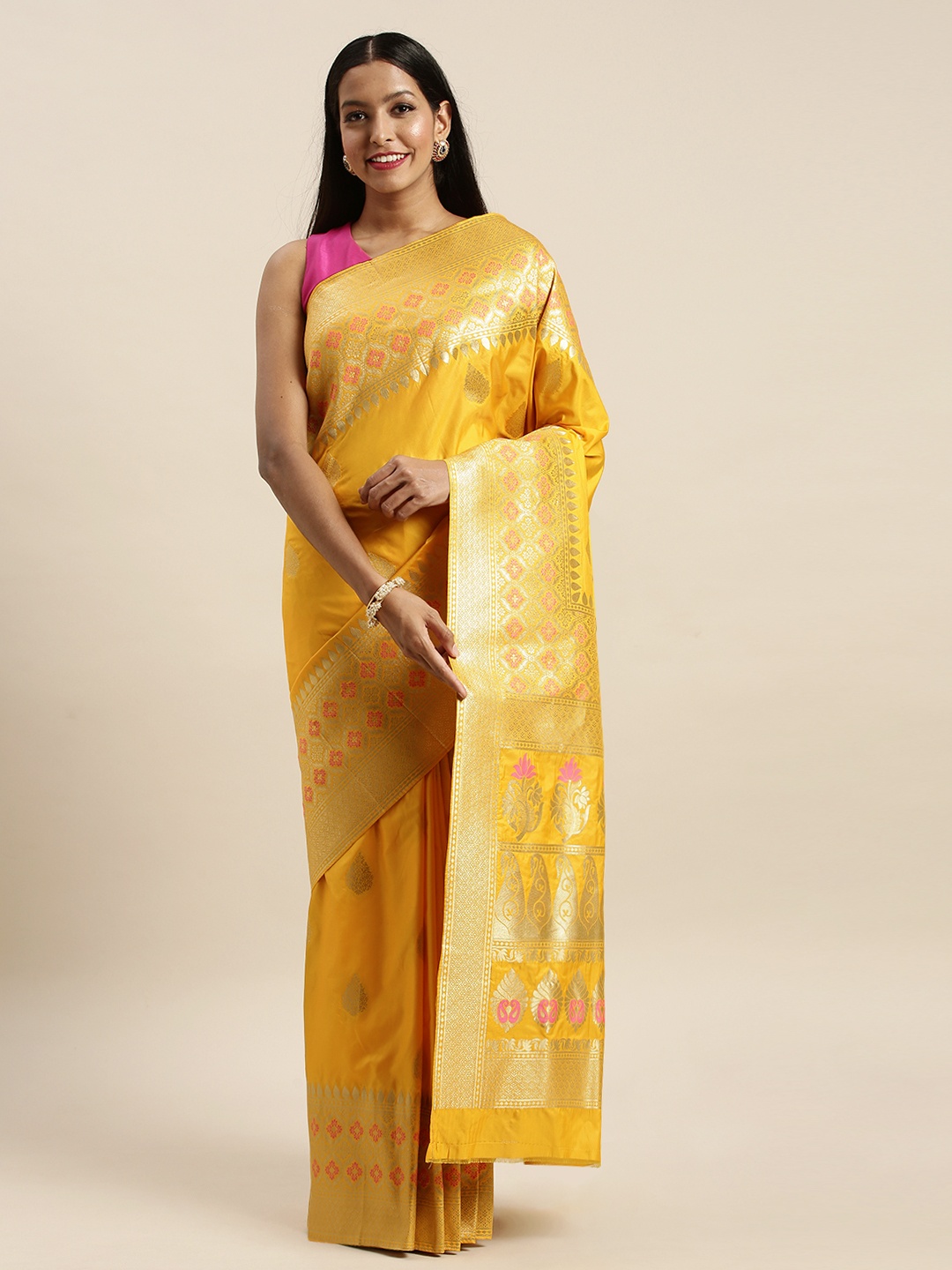 SANGAM PRINTS Mustard Yellow & Golden Pure Silk Woven Design Saree