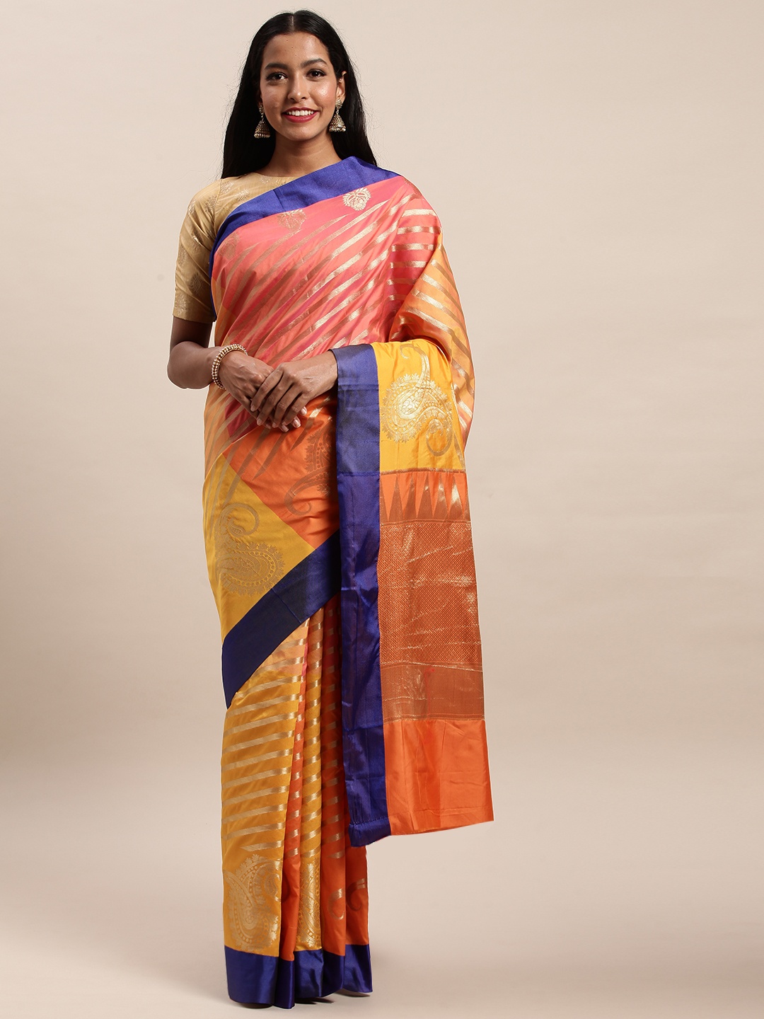 

SANGAM PRINTS Orange & Yellow Pure Silk Striped Handloom Saree