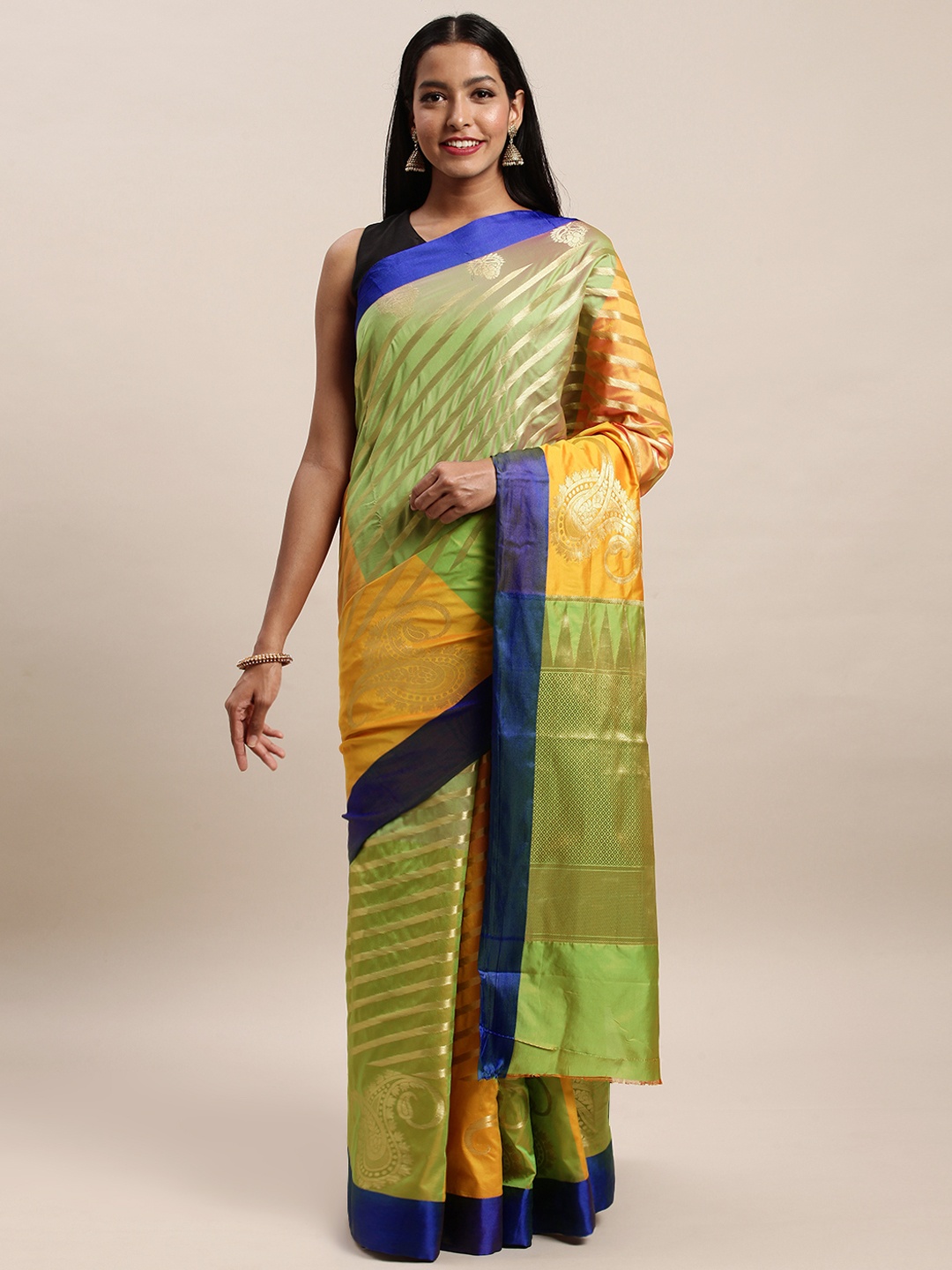 

SANGAM PRINTS Green & Mustard Yellow Pure Silk Striped Saree