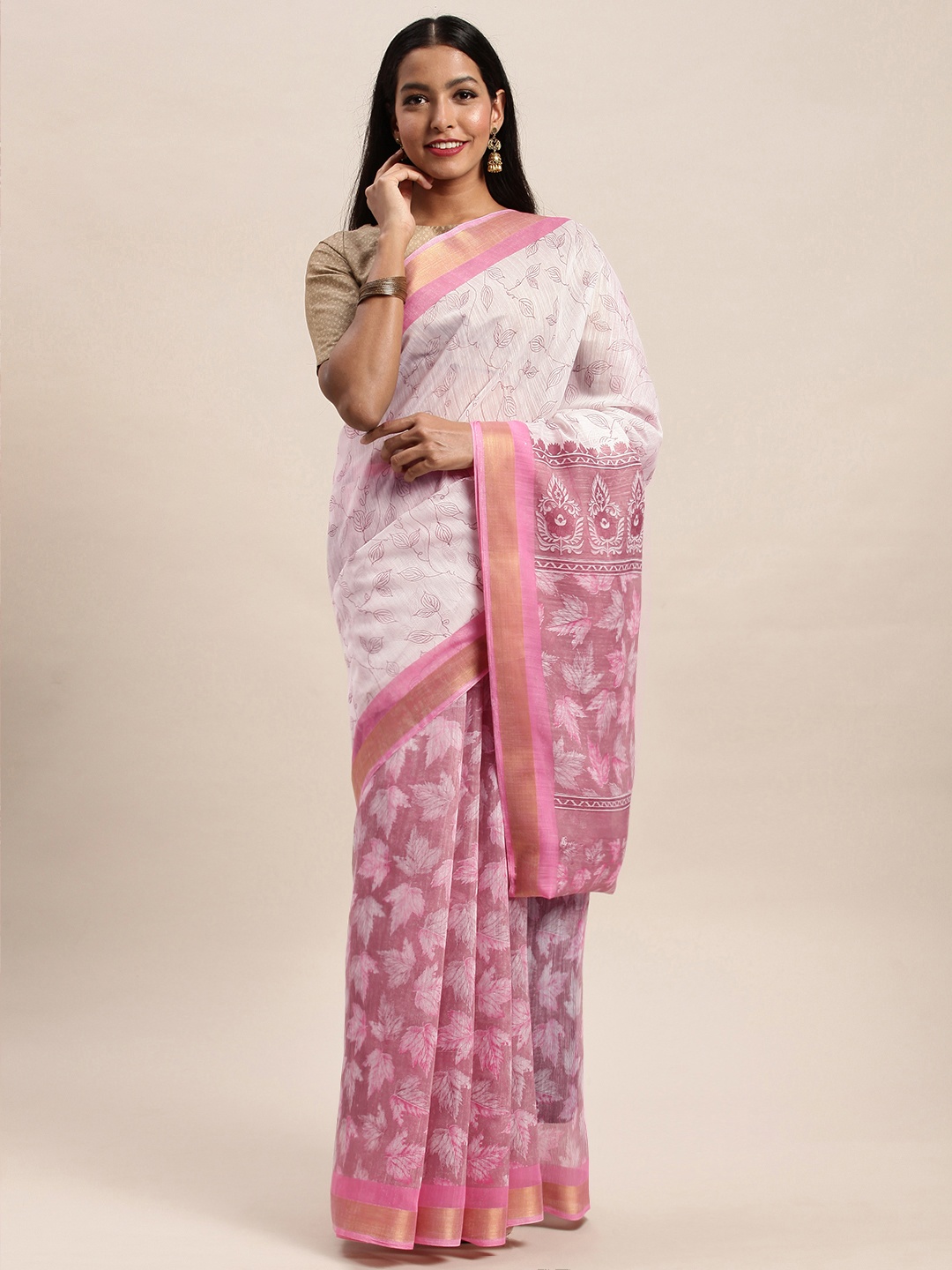 

SANGAM PRINTS White & Pink Floral Polycotton Printed Half & Half Saree