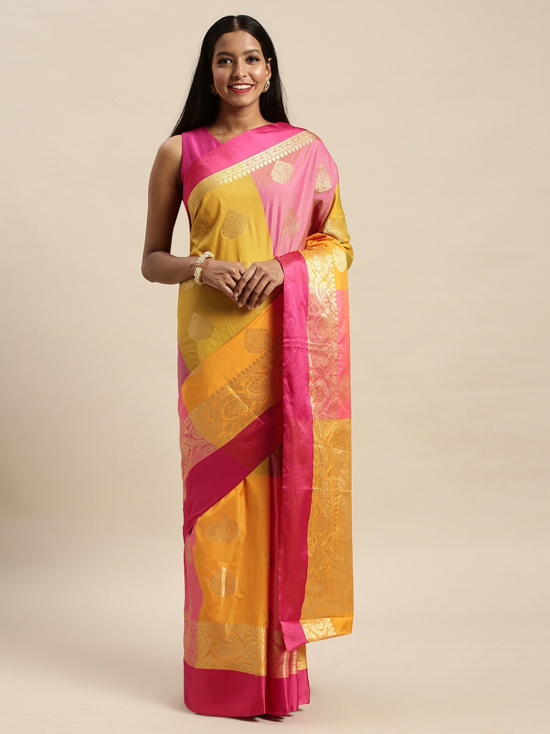 

SANGAM PRINTS Mustard Yellow & Pink Pure Silk Woven Design Handloom Saree